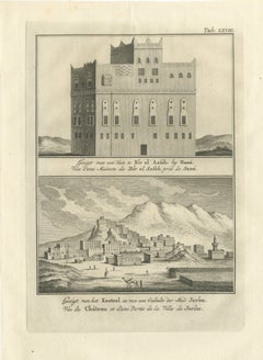A House at Bir el Assab and the Castle of Jerim, Antique Niebuhr Print, 1776