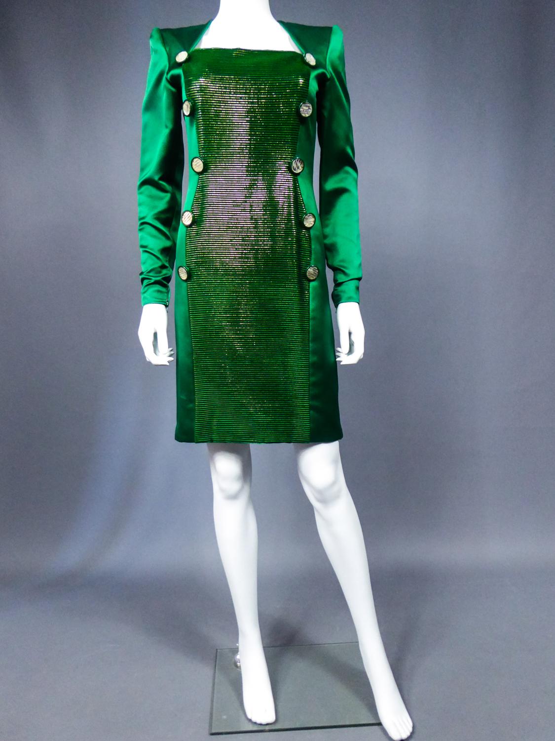Green A Hubert de Givenchy Catwalk Dress  in Satin and Lamé Velvet Circa 1985 For Sale