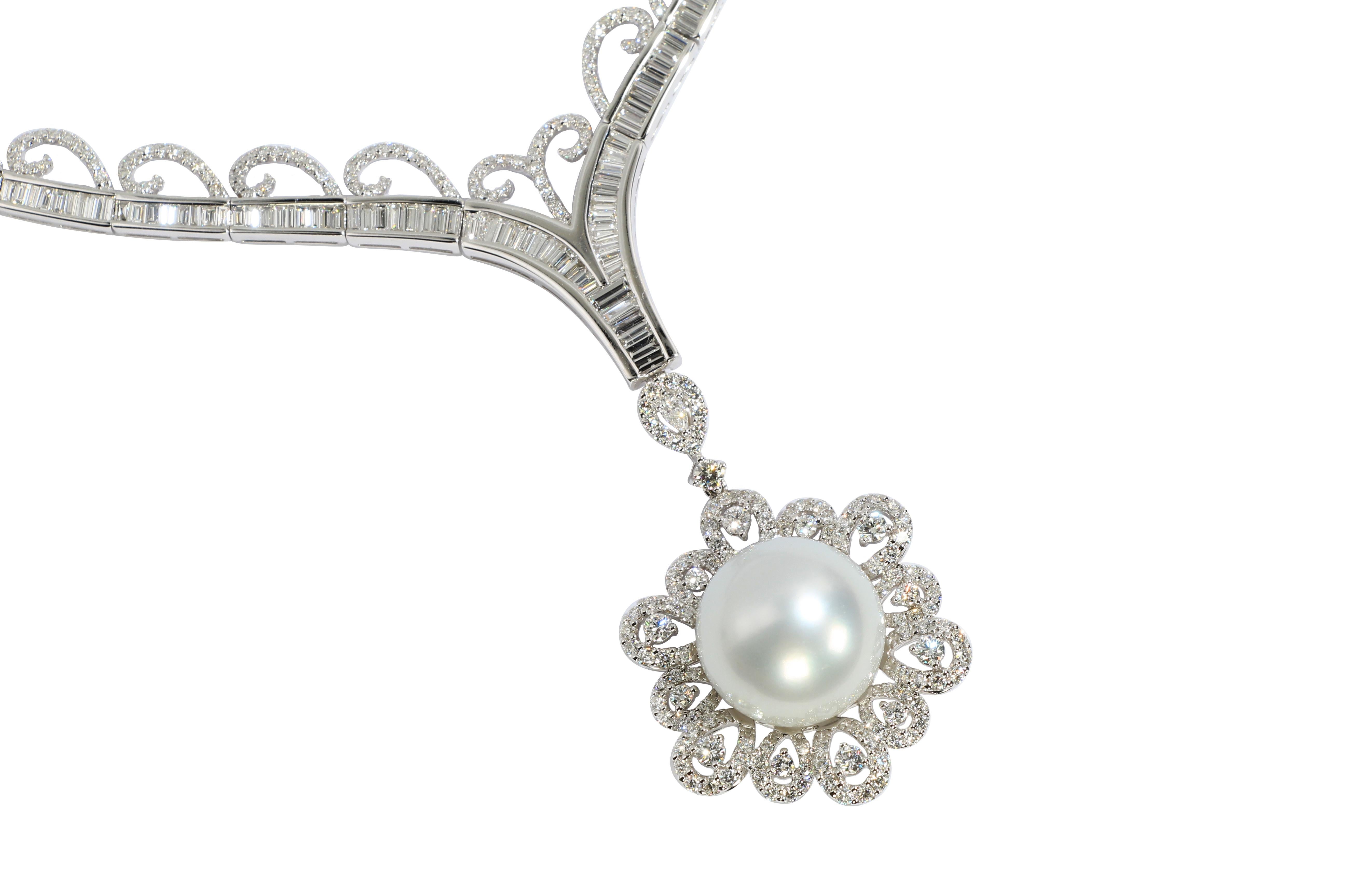 Baguette Cut Huge South Sea Pearl Pendant with Diamond Neclace in 18K Gold For Sale