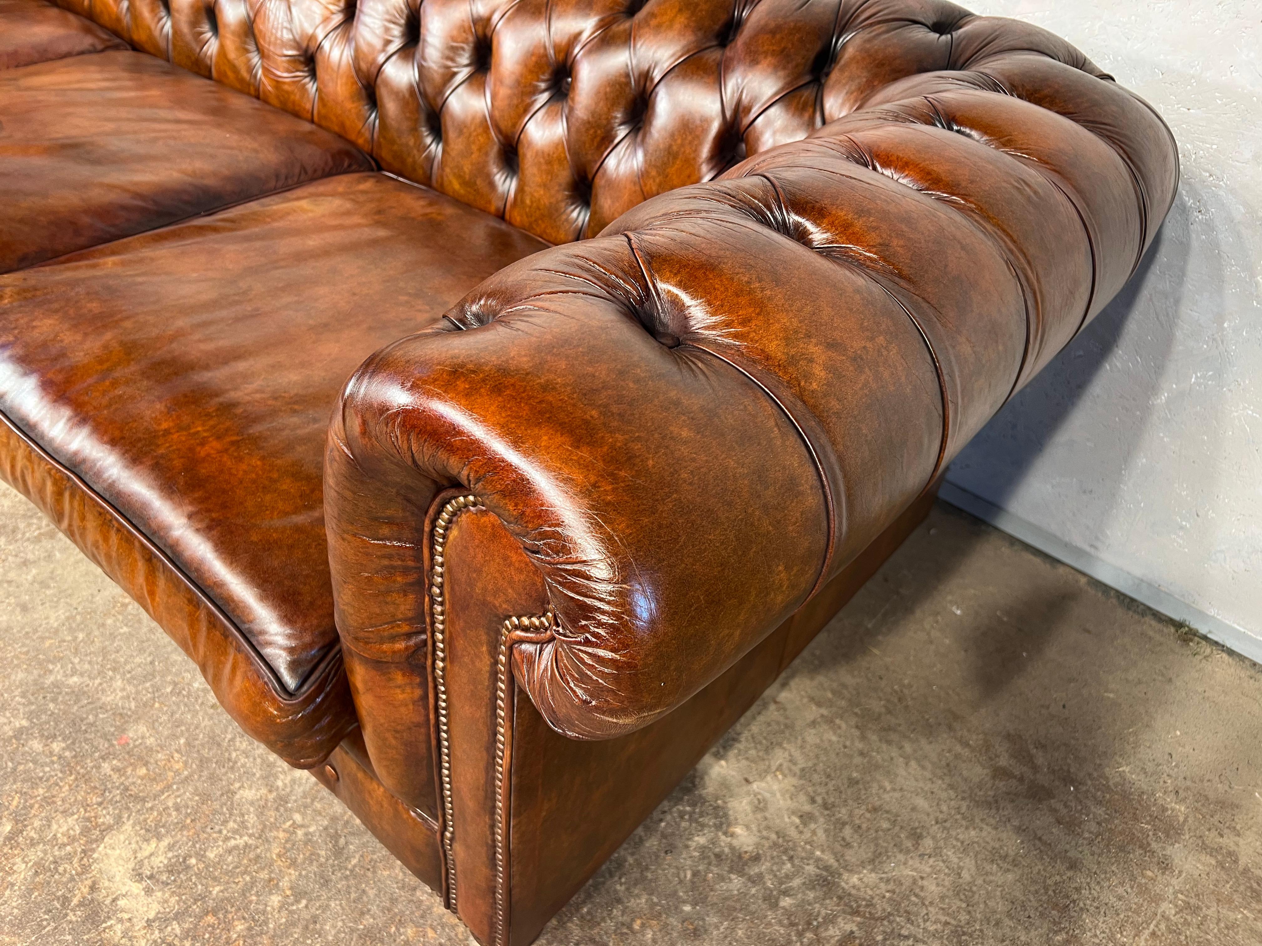 Huge Deep Seated Hand Dyed Patinated Brown Leather Chesterfield Sofa