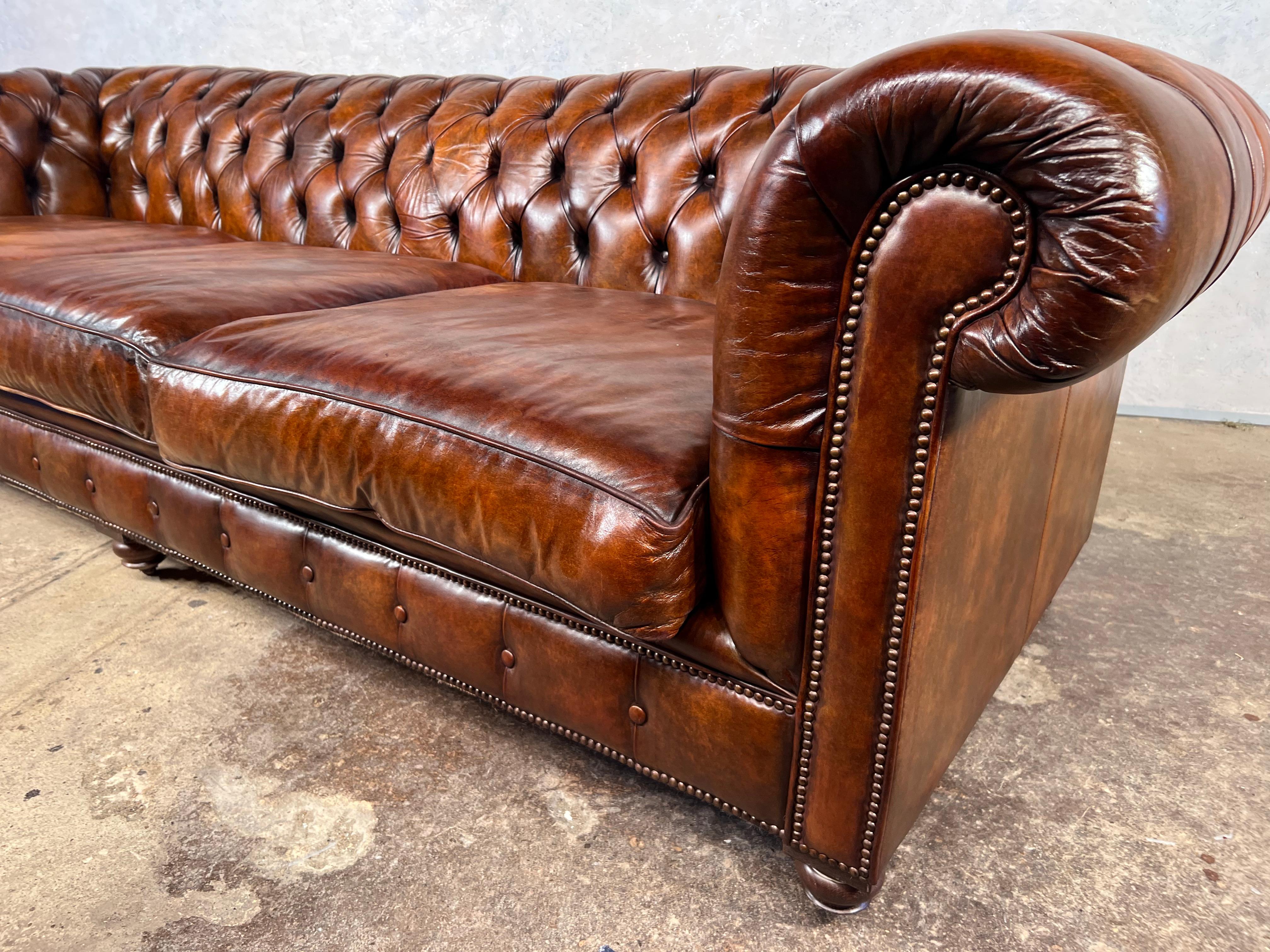 Huge Deep Seated Hand Dyed Patinated Brown Leather Chesterfield Sofa