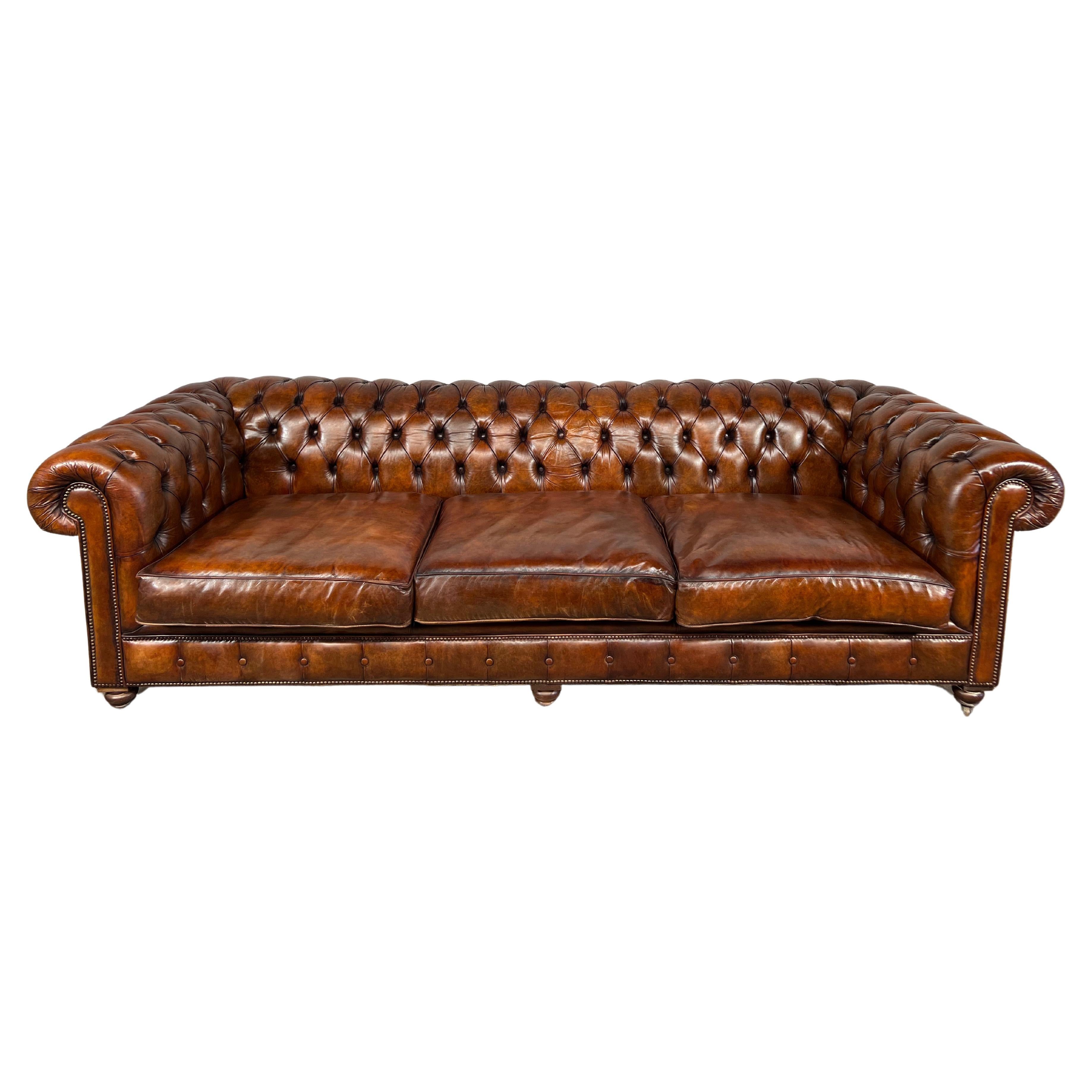 Huge Deep Seated Hand Dyed Patinated Brown Leather Chesterfield Sofa