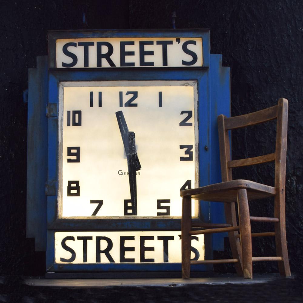 A huge Illuminated Advertising clock by Gensign
We are proud to offer a rare and remarkable double-sided ironmongers advertising Gensign Clock. The face and advertising panels are reverse painted glass, the clock retains its original hands and twin