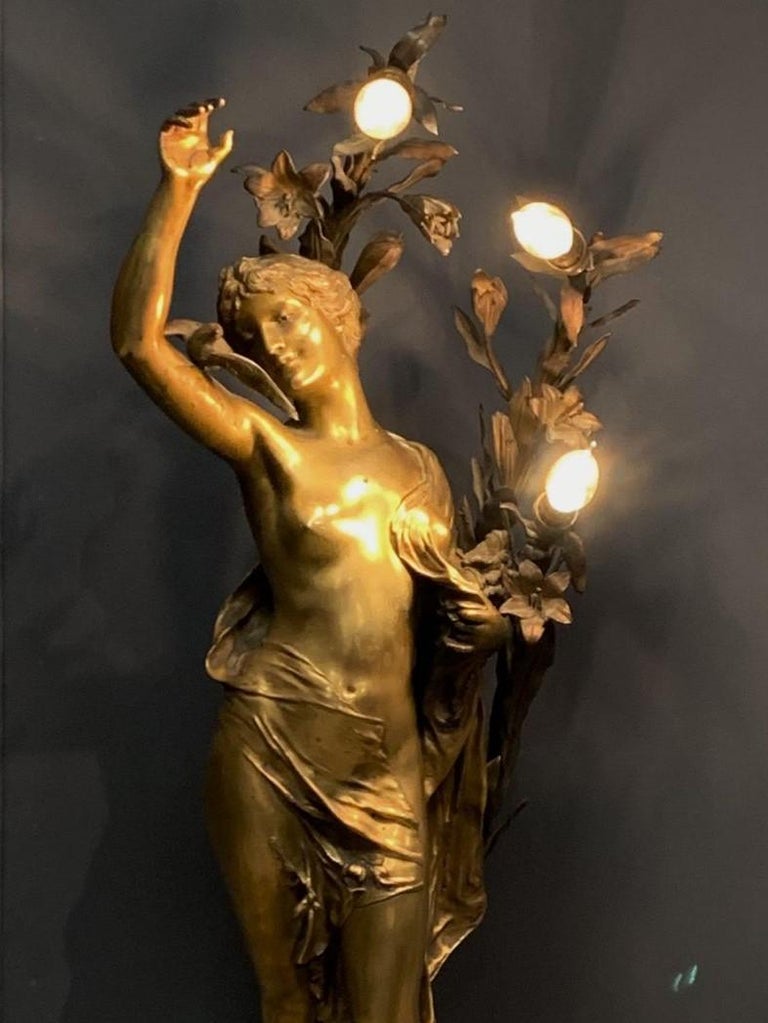 Huge Impressive Art Nouveau Bronze Figural Lady Lamp Signed Henri