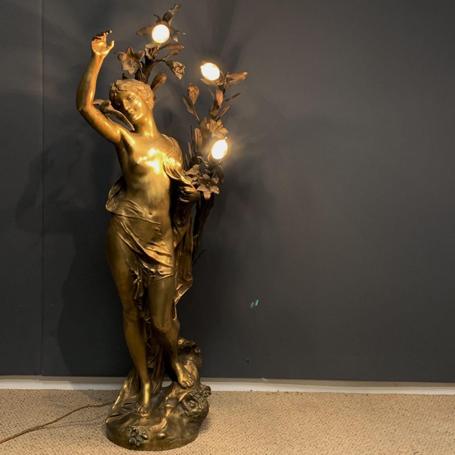 Grande lampe figurative en bronze Art Nouveau reprsentant une femme, signe Henri Honore Ple en vente 2