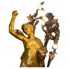 Huge Impressive Art Nouveau Bronze Figural Lady Lamp Signed Henri Honore Ple