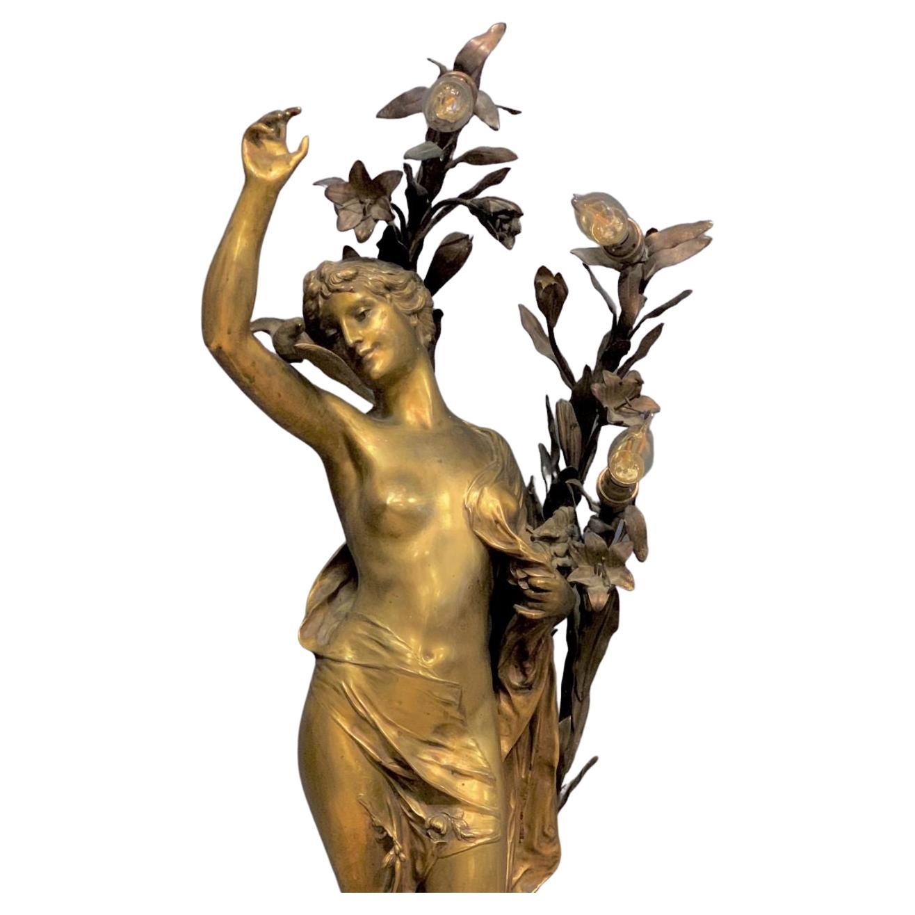 Art Nouveau Enorme e impressionante lampada da donna figurativa in bronzo Henri Nouveau firmata Henri Honore Ple in vendita