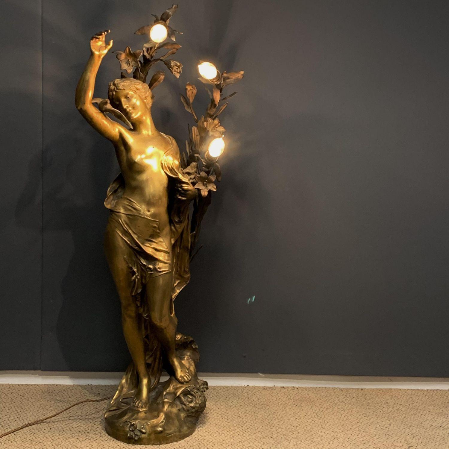 Francese Enorme e impressionante lampada da donna figurativa in bronzo Henri Nouveau firmata Henri Honore Ple in vendita