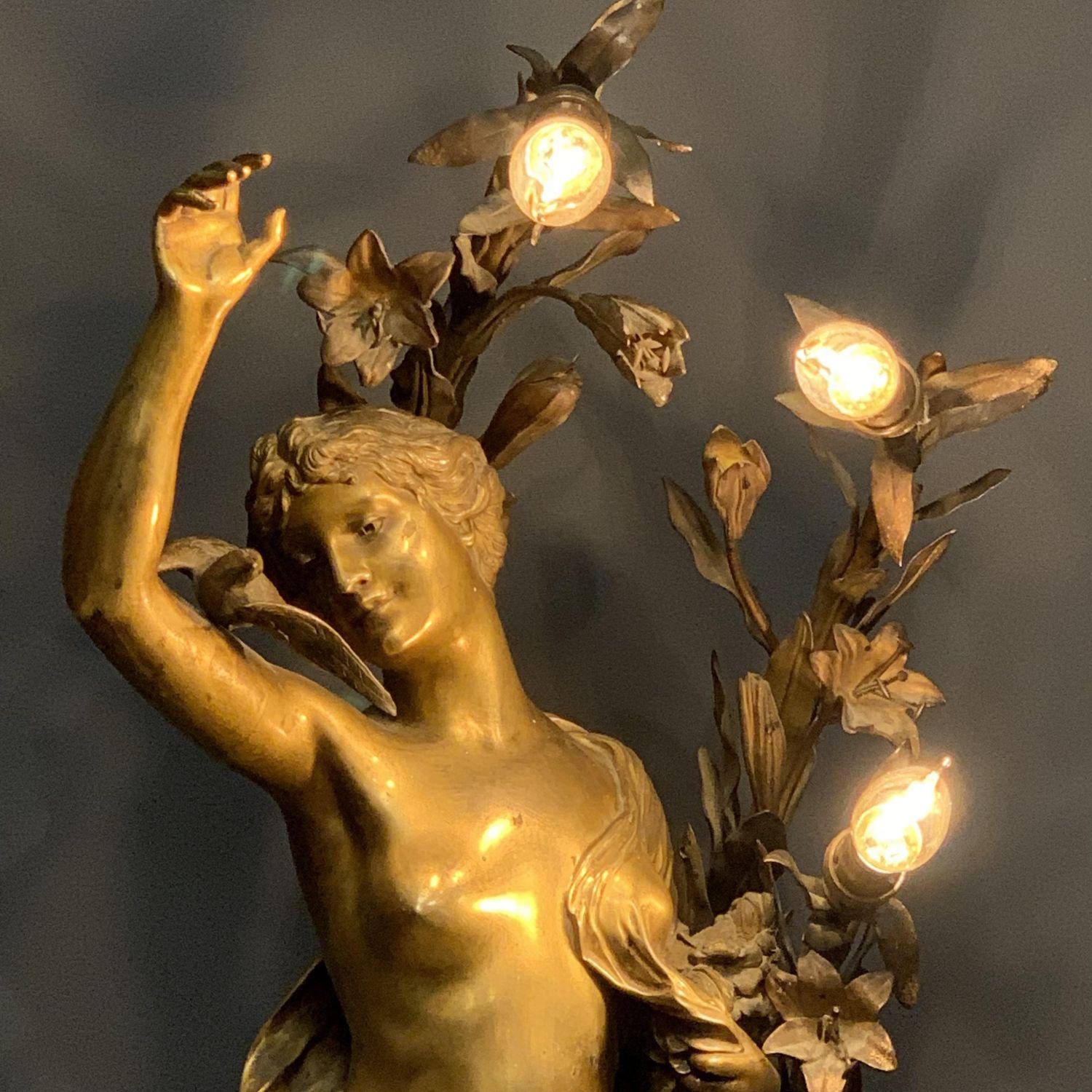 French Huge Impressive Art Nouveau Bronze Figural Lady Lamp Signed Henri Honore Ple For Sale