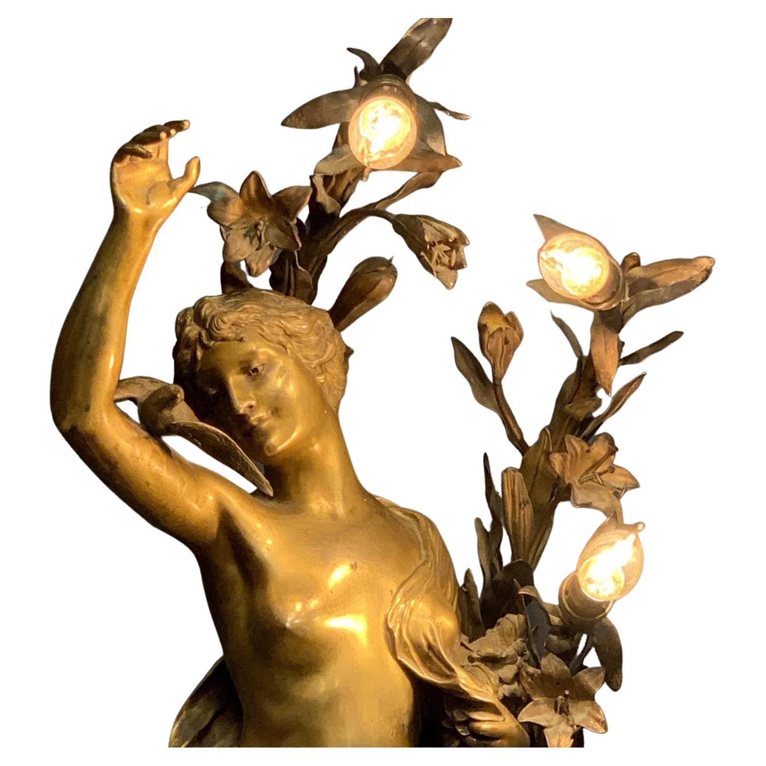 Early 20th Century Huge Impressive Art Nouveau Bronze Figural Lady Lamp Signed Henri Honore Ple For Sale