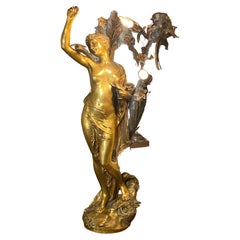 Huge Impressive Art Nouveau Bronze Figural Lady Lamp Signed Henri Honore Ple