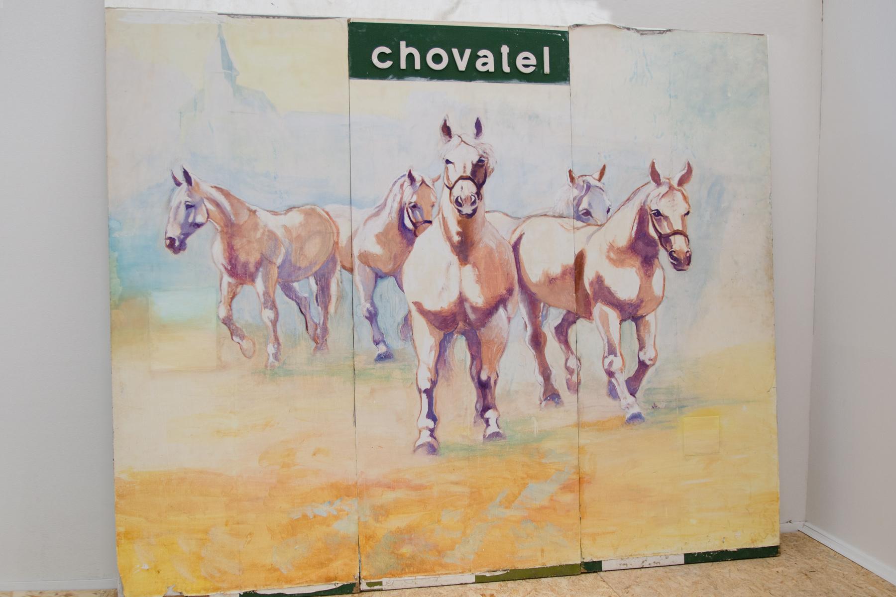 A huge modular painting with a horse motif, made in the 70s in the former Czechoslovakia. This painting is composed of 3 separate sololith panels that are joined together. It is an acrylic technique. The painting is in good condition, it has minor