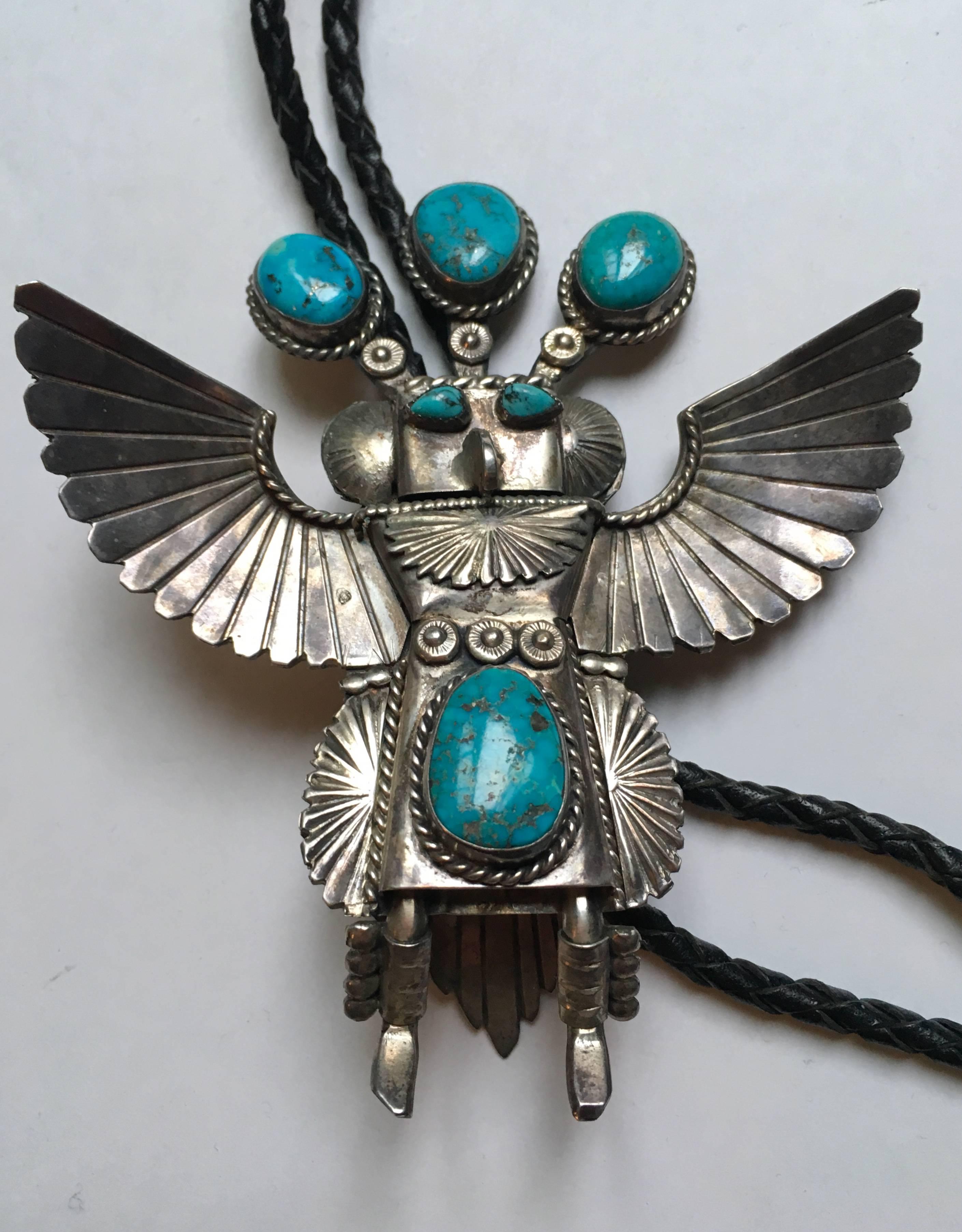 American Classical Huge Navajo Native American Turquoise and Silver Bolo Tie, circa 1960s For Sale