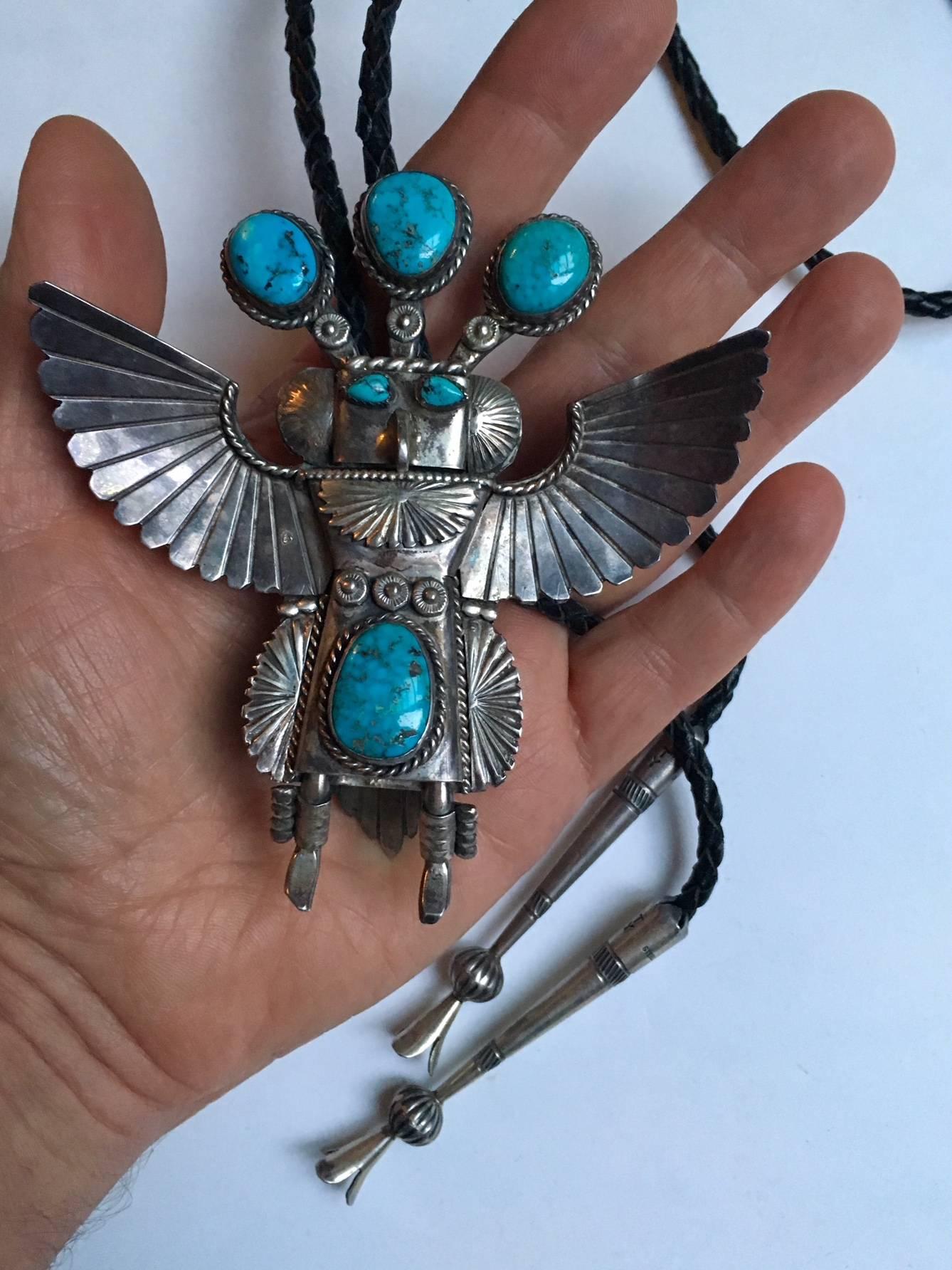 Sterling Silver Huge Navajo Native American Turquoise and Silver Bolo Tie, circa 1960s For Sale
