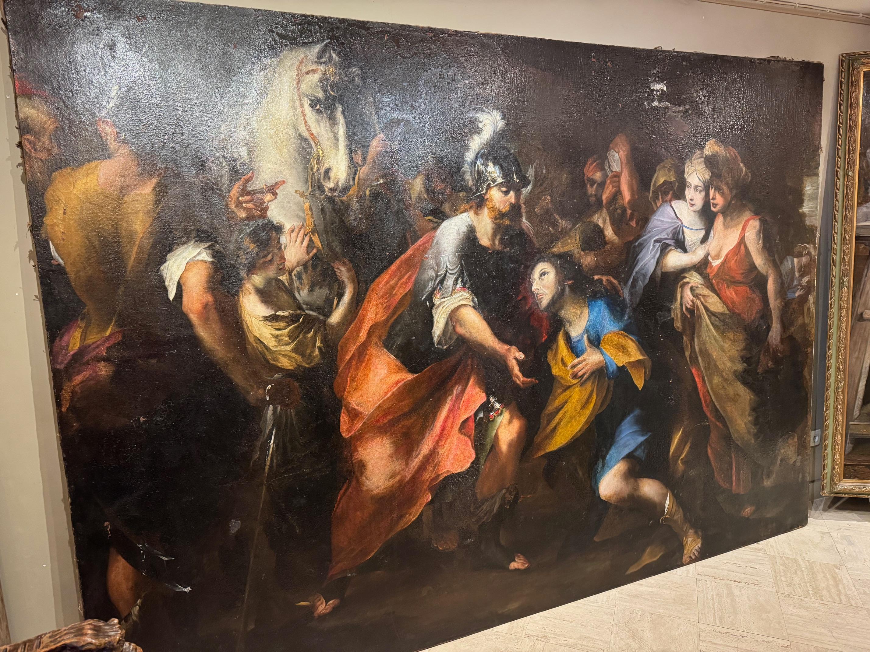 Un cuadro enorme , Escena bíblica , Escuela florentina de finales del siglo XVII  que representa la reconciliación de Esaú y Jacob.
Buscando la reconciliación con su hermano Esaú, Jacob, después de rezar, luchar con Dios y superar su miedo, por fin