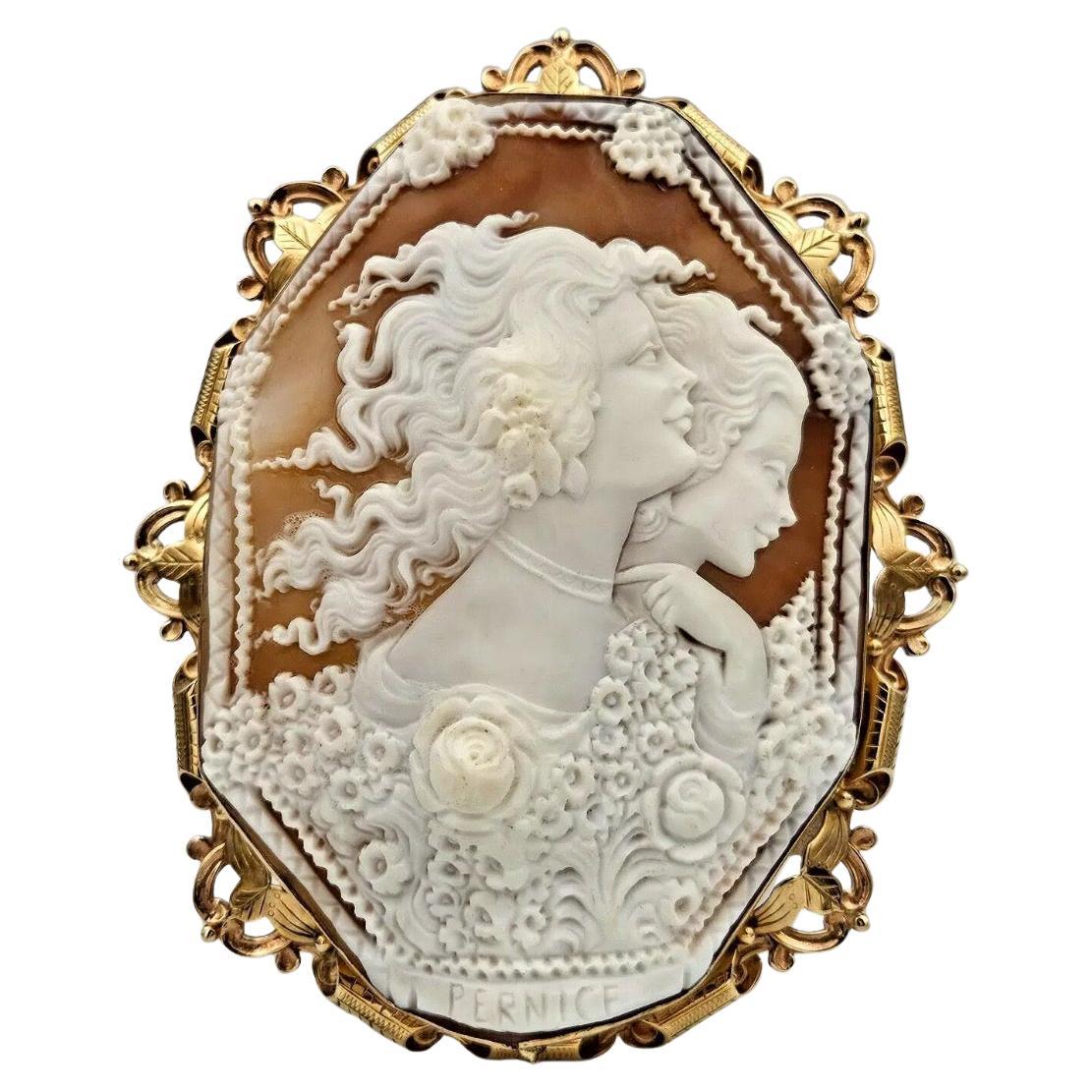 A Huge Superb Vintage Monumental R. Pernice Shell Cameo Solid Gold Frame Stand For Sale