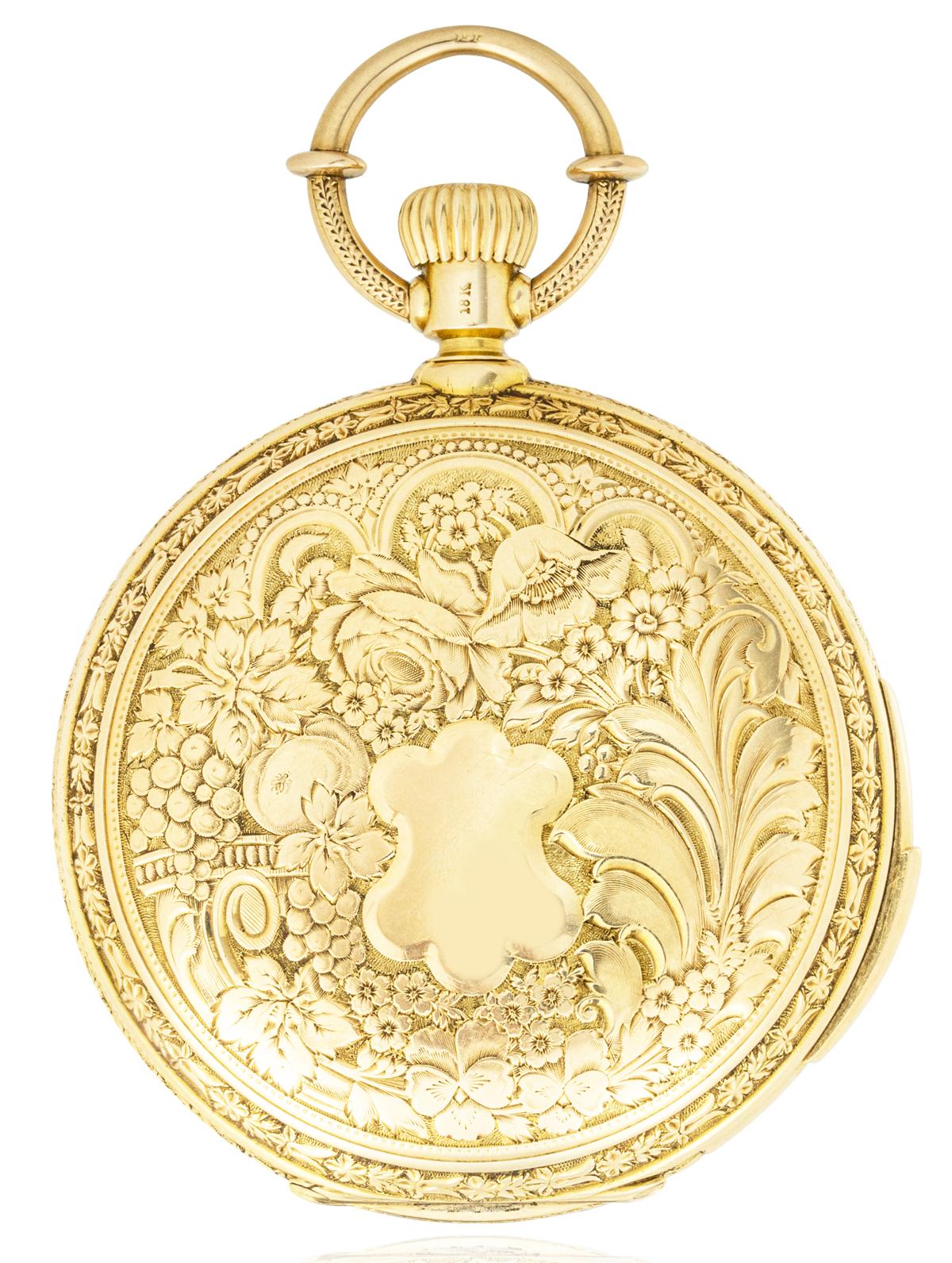 A. Huguenin & Sons. An 18ct Yellow Gold Full Hunter Keyless Lever Calendar Quarter Repeater Pocket Watch C1890


Dial: The magnificent original silver dial, signed A. Huguenin & Sons Locle with raised three coloured foliage to the dial with Roman