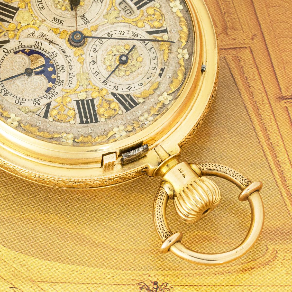 A Huguenin & Sons. A Gold Calendar Quarter Repeater Pocket Watch C1890 In Excellent Condition For Sale In London, GB