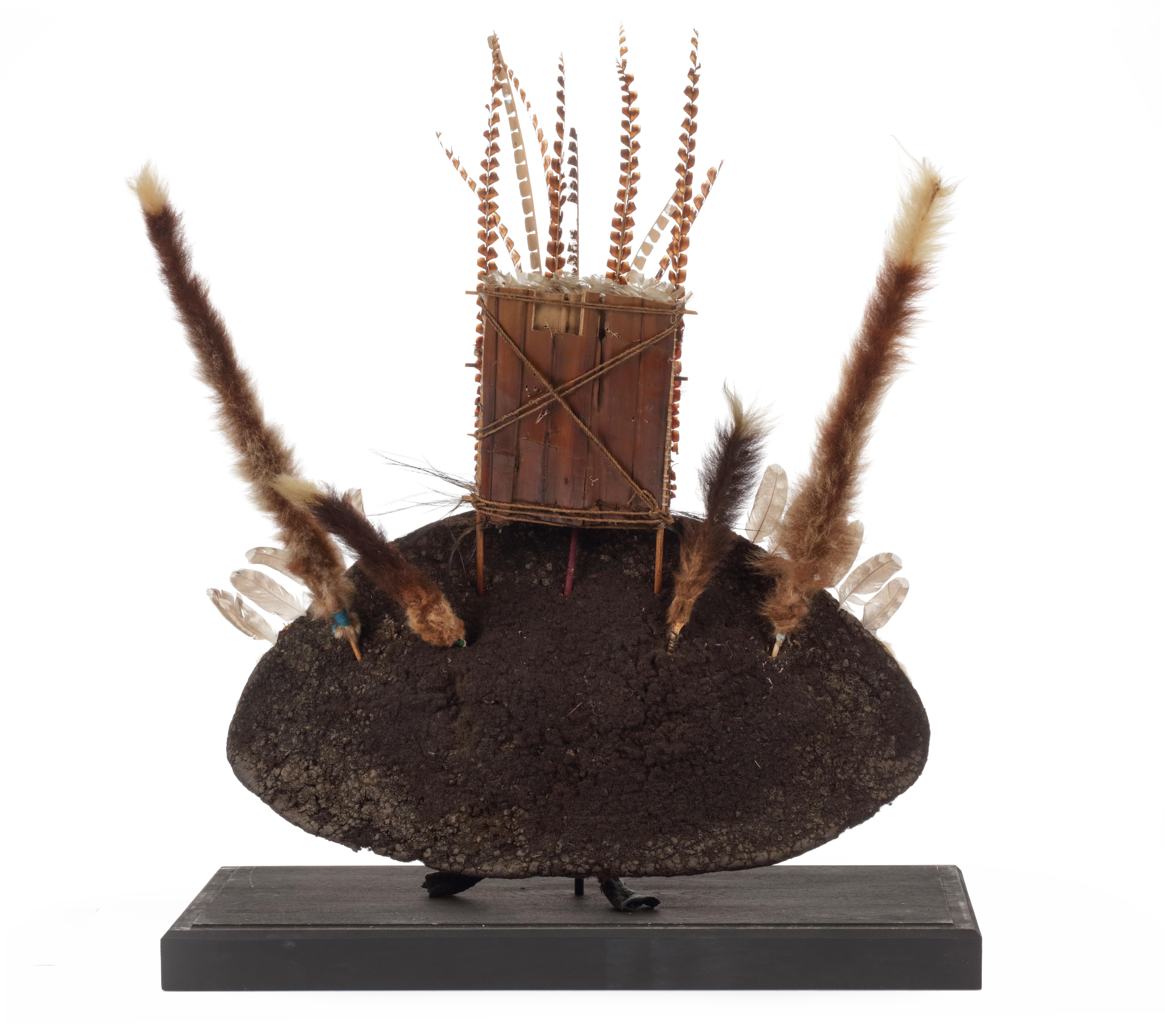 Papúa Nueva Guinea, Tierras Altas Centrales, pueblo Huli, 1ª mitad del siglo XX

Elaborado con el propio cabello de la portadora y adornado con coloridas plumas de ave de paraíso, flores, escarabajos, conchas y pigmentos naturales.

W. 85 x Al. 65 x