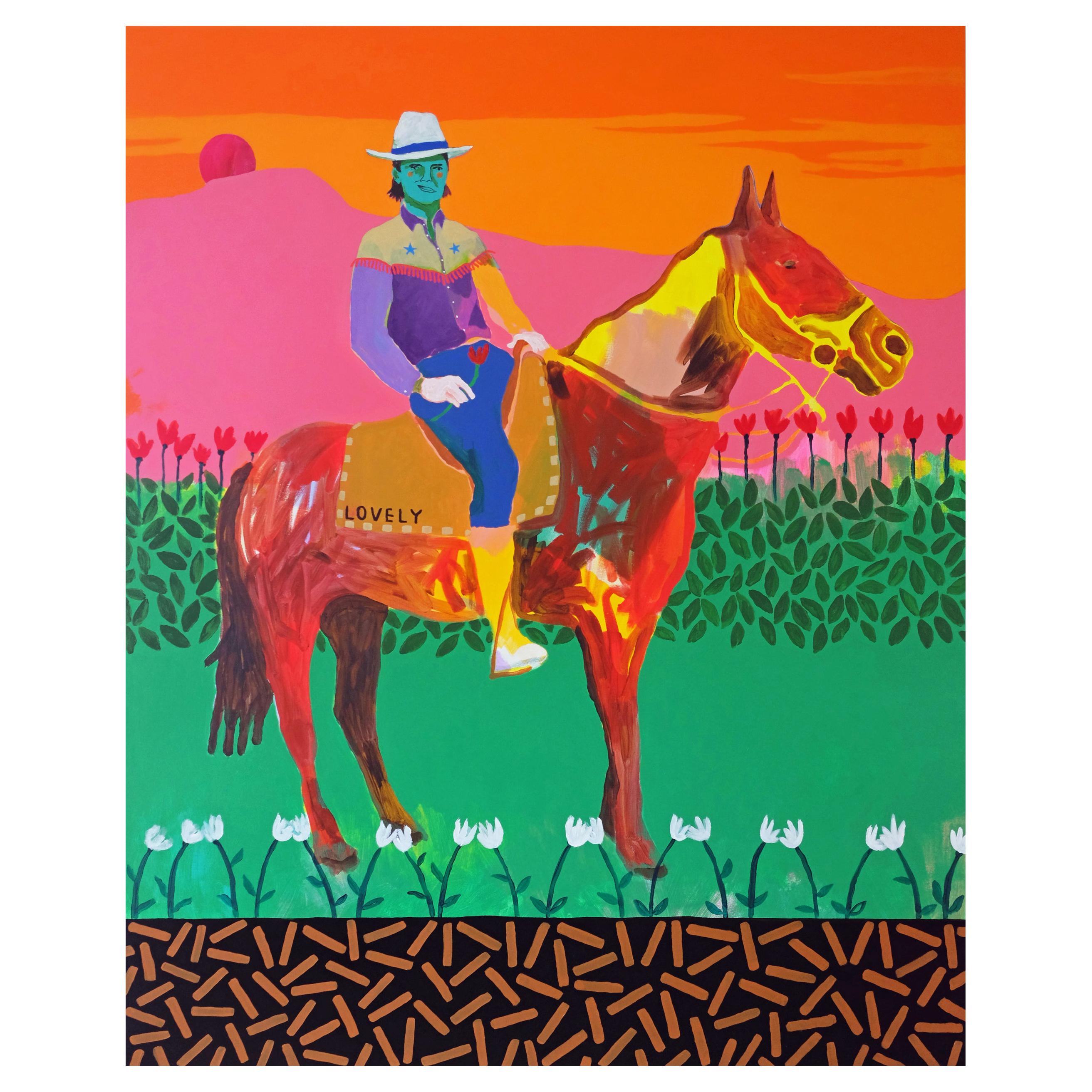 'A Hunk on a Horse' Figurative Portrait Painting by Alan Fears Pop Art For Sale