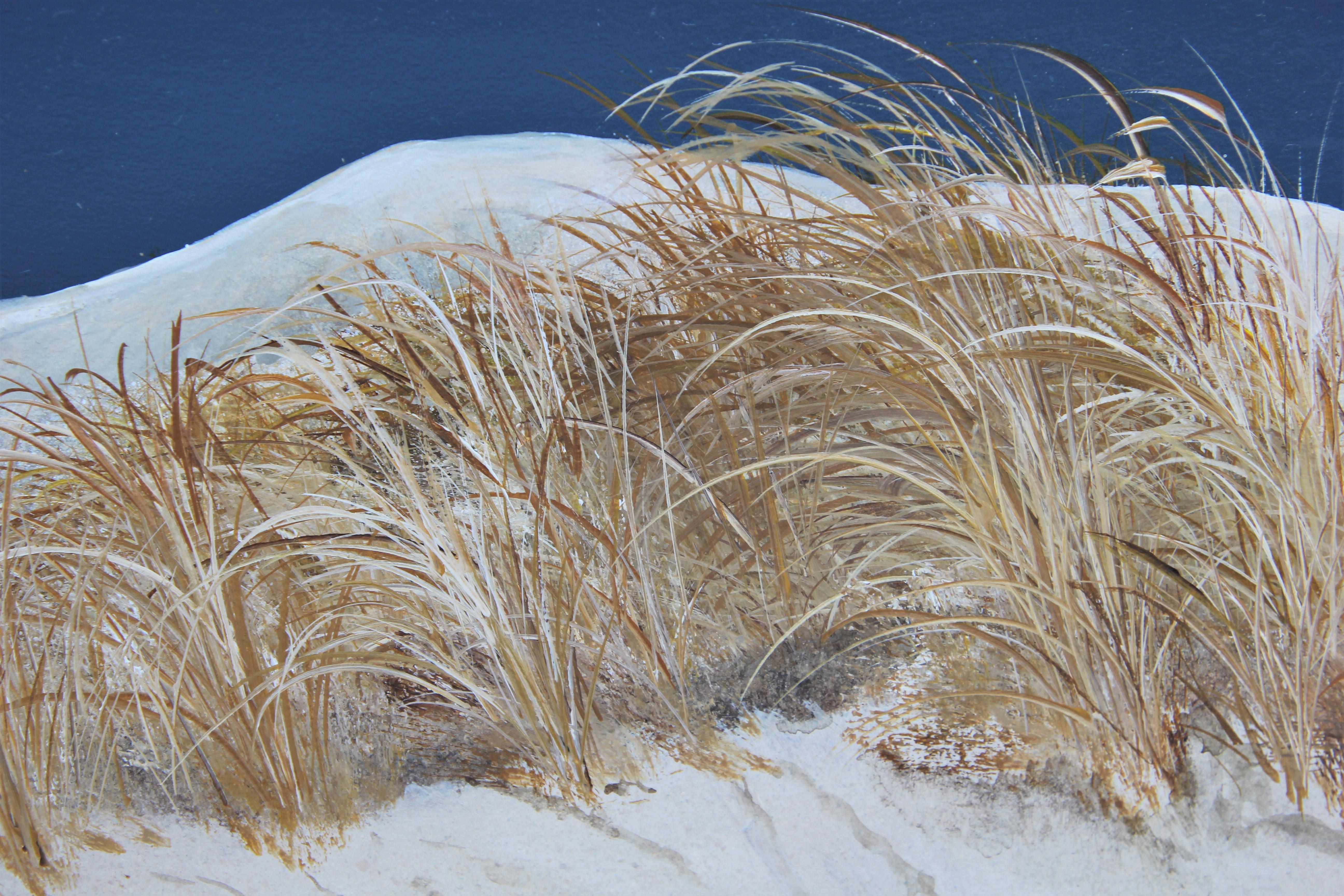 Grande peinture de paysage nautique de plage en sable blanc et bleu - Painting de A. Hunt
