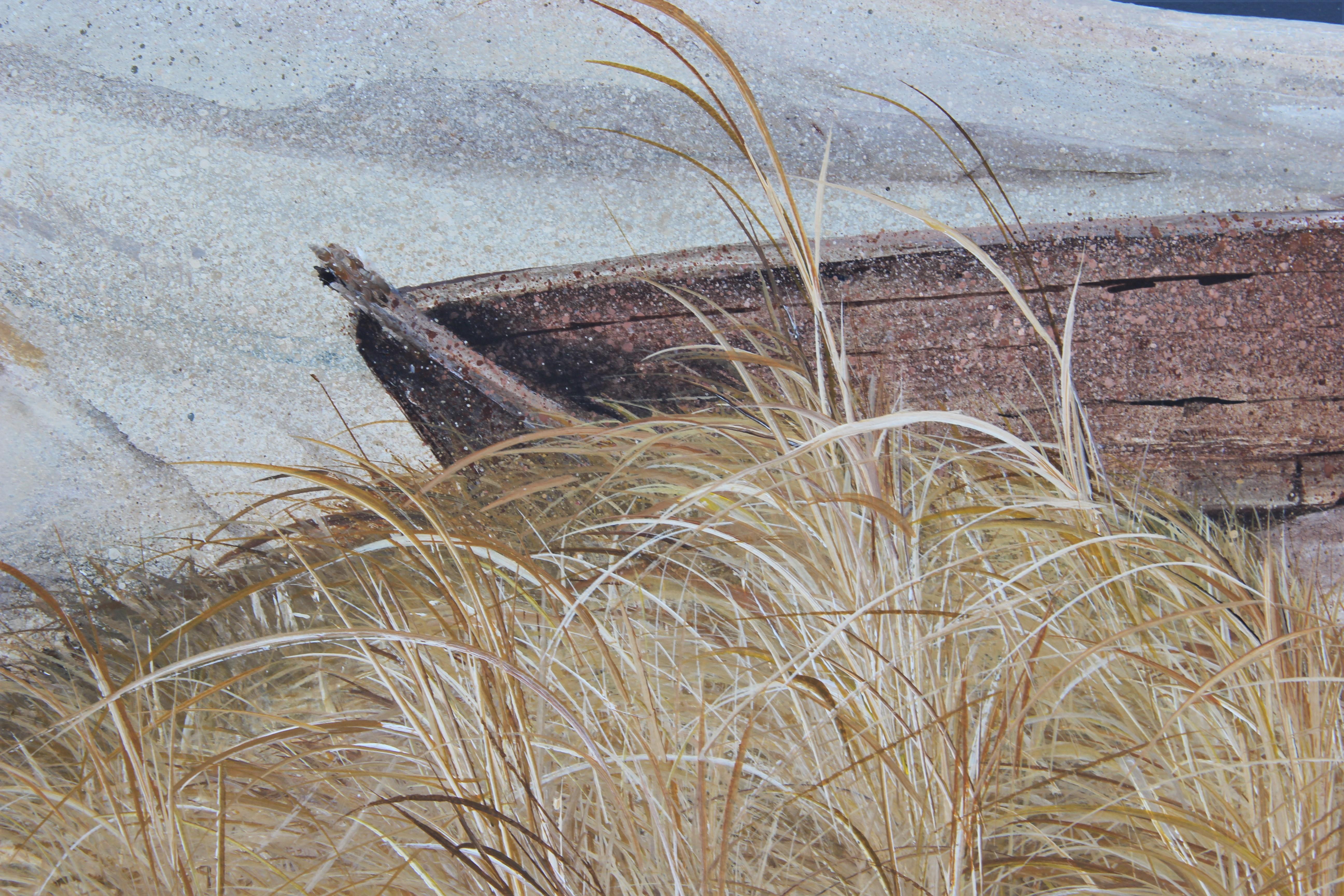 Grande peinture de paysage nautique de plage en sable blanc et bleu - Réalisme Painting par A. Hunt