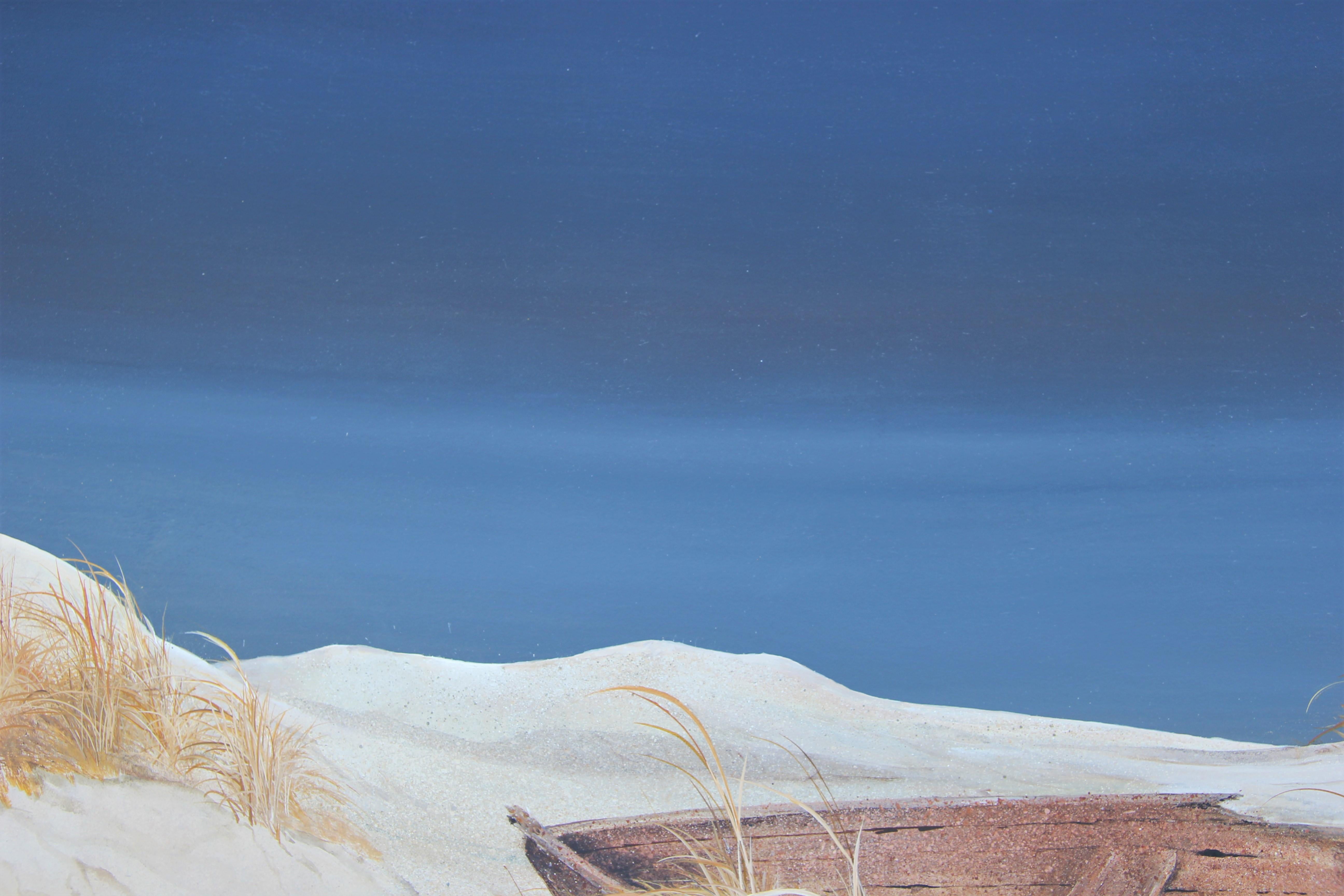 Grande peinture de paysage nautique de plage en sable blanc et bleu - Gris Still-Life Painting par A. Hunt