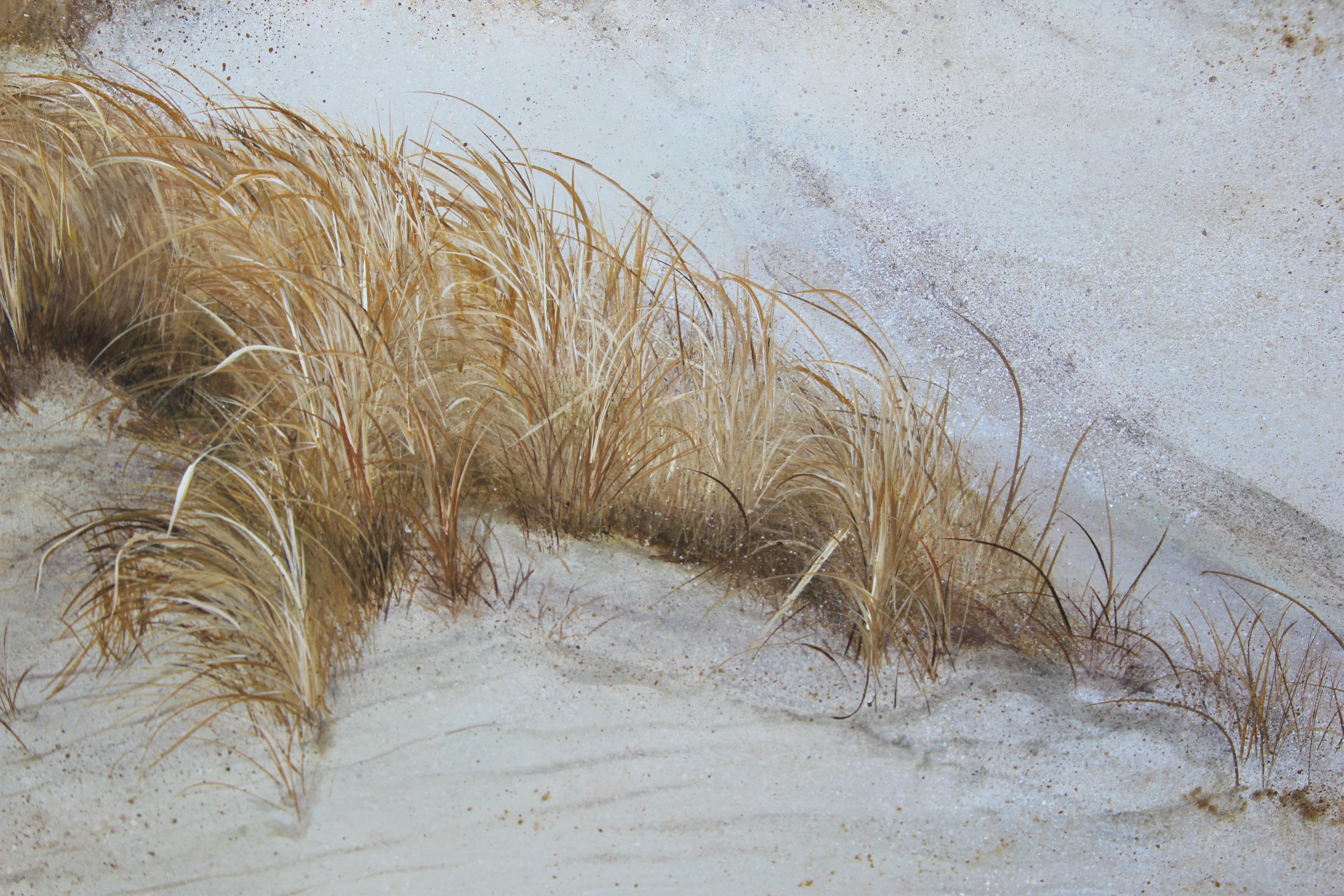 Large White and Blue Beach Sand Dune Nautical Nature Landscape Painting - Gray Still-Life Painting by A. Hunt
