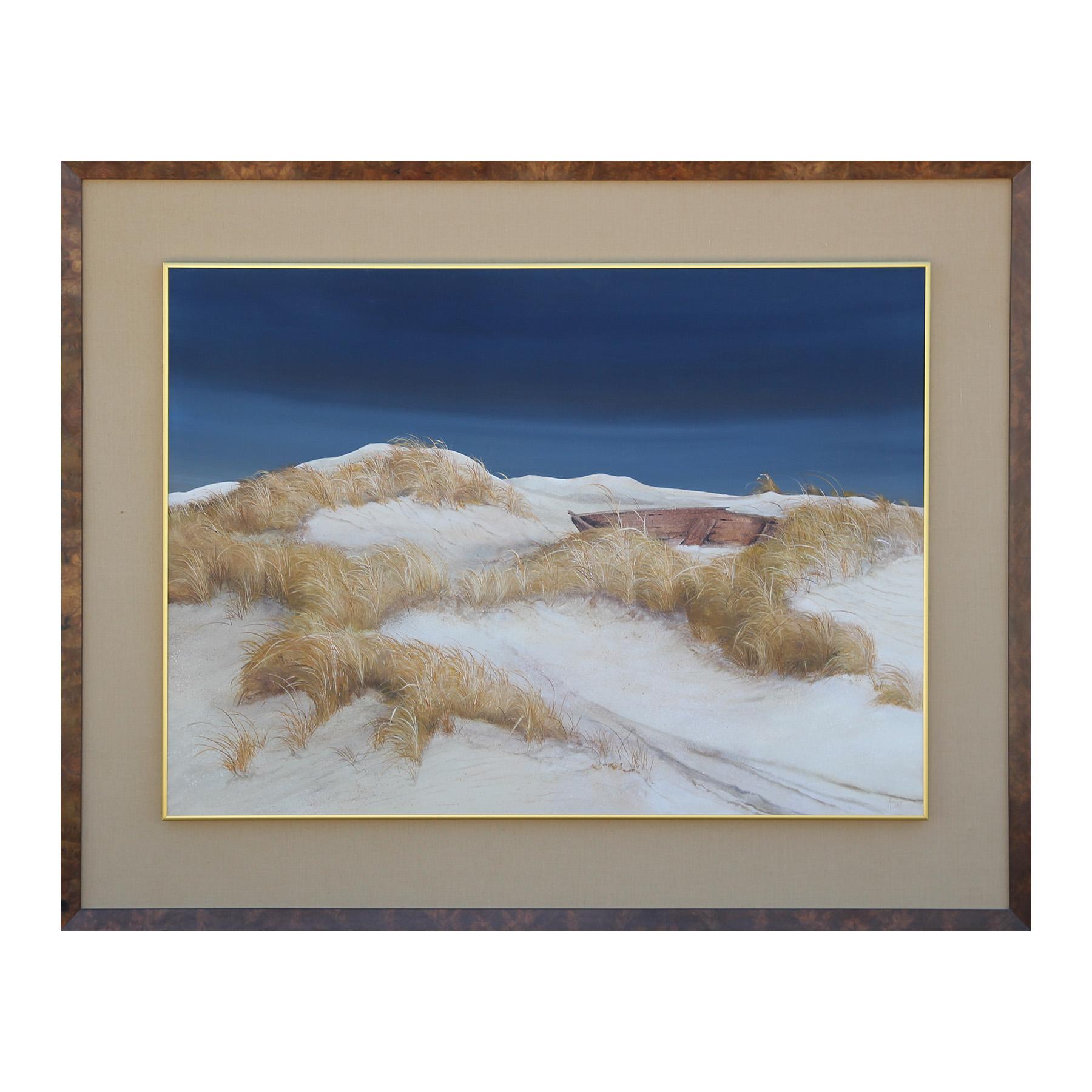 Still-Life Painting A. Hunt - Grande peinture de paysage nautique de plage en sable blanc et bleu