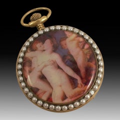 Hunter Pocket Watch, Elaborately Painted Enamel, The Dial Marked Omega