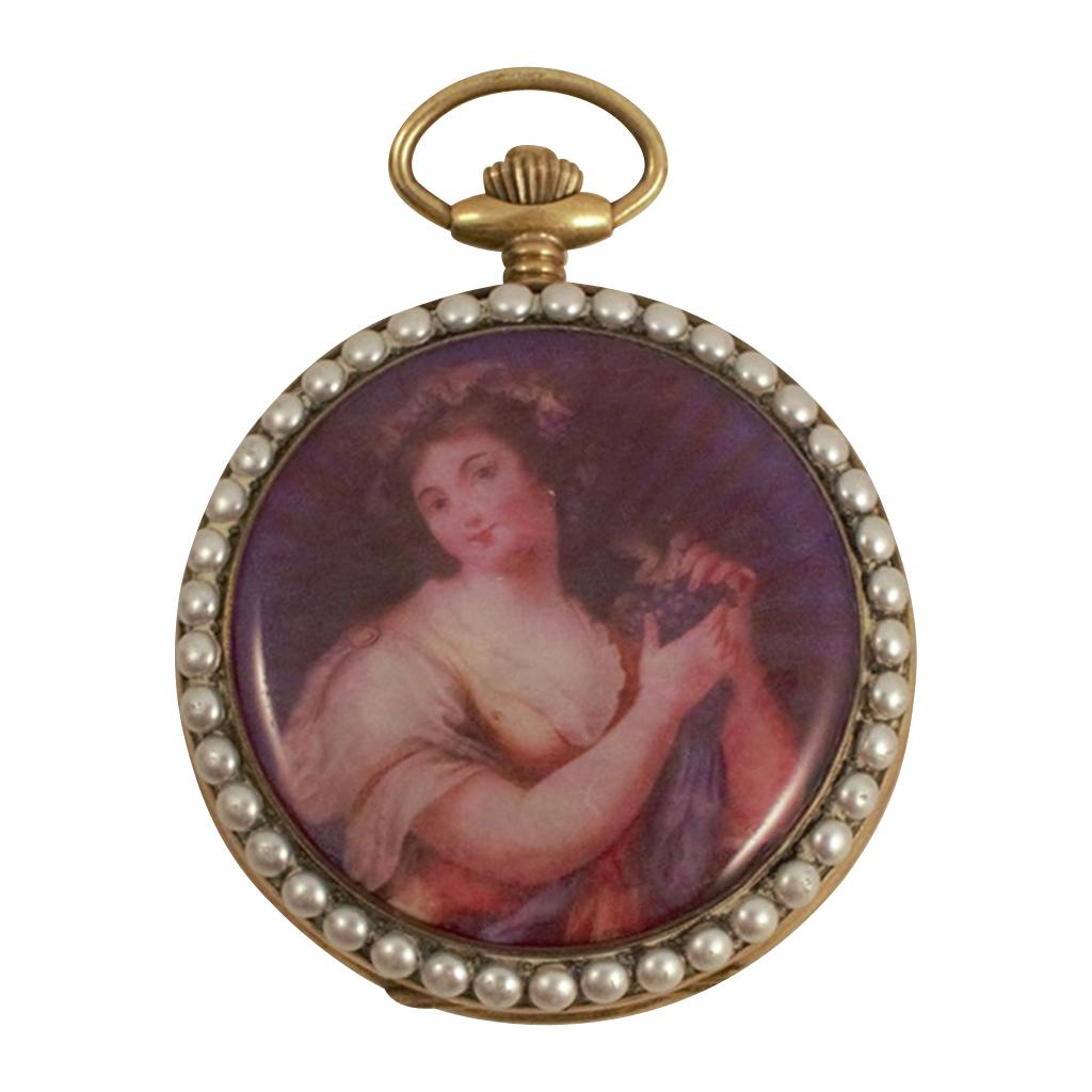 Renaissance Hunter Pocket Watch, Elaborately Painted Enamel, The Dial Marked Omega For Sale
