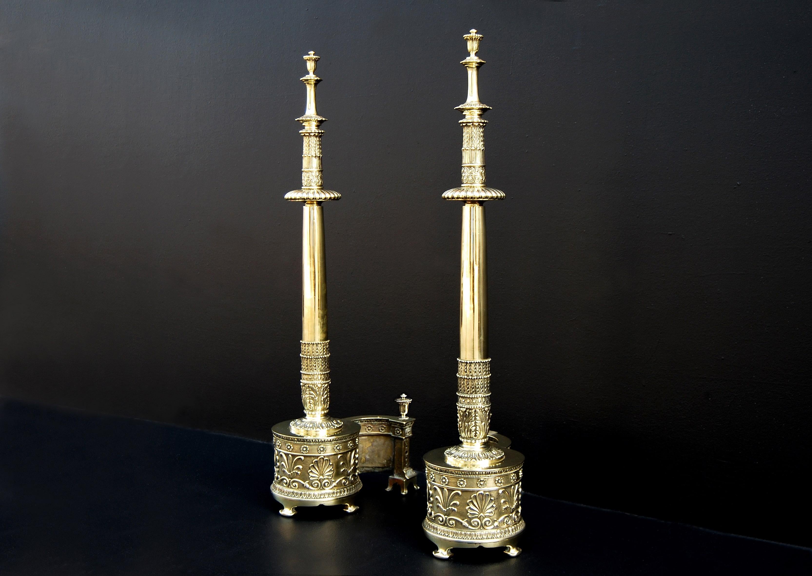 Impressive Pair of English Regency Brass Firedogs with Aethenian Leaves For Sale 1