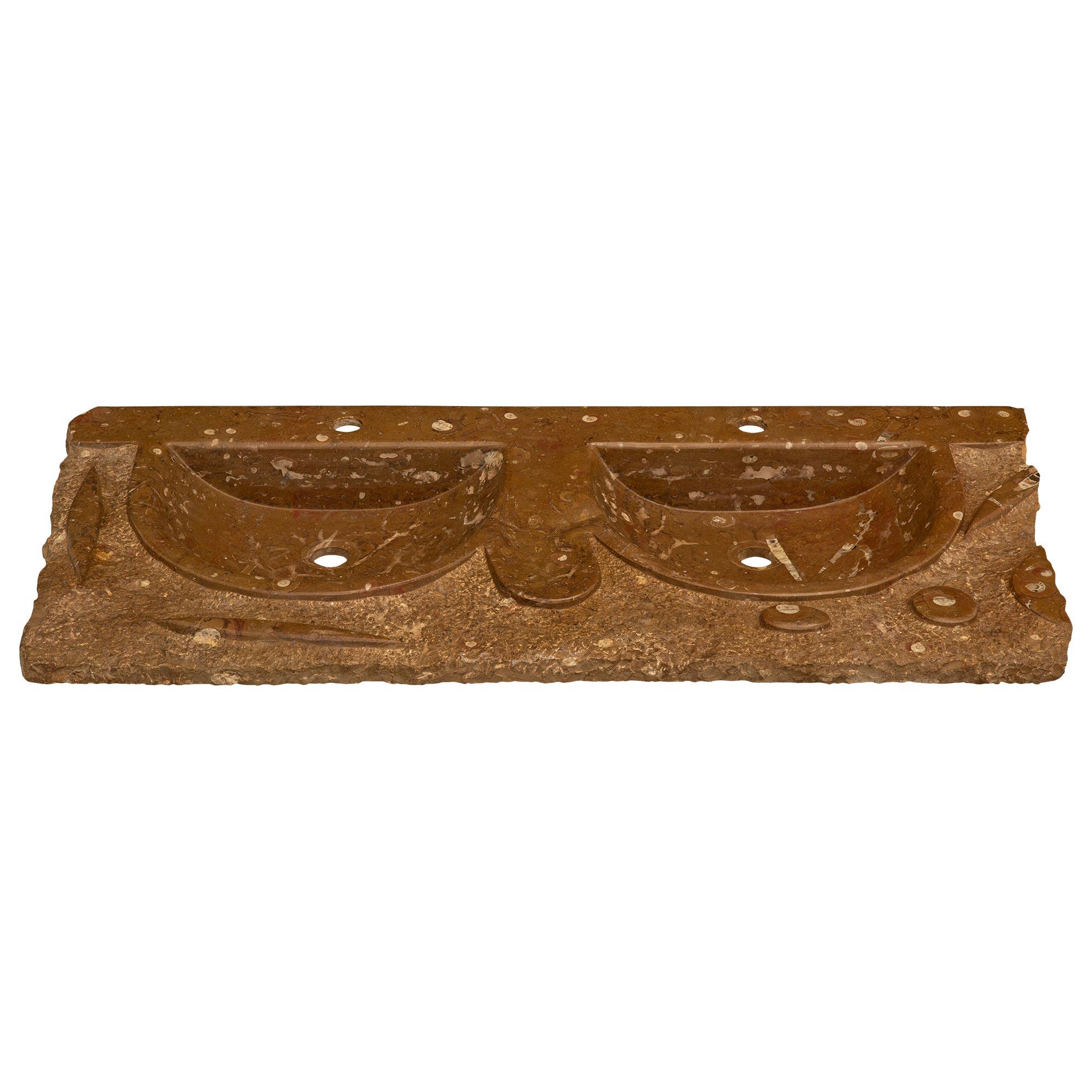 A wonderful and extremely charming Italian 19th century Fossilized Soapstone double sink. The sink was originally part of an impressive Italian Palazzo, and has two smooth polished bowls displaying lovely fossilized shells throughout and is
