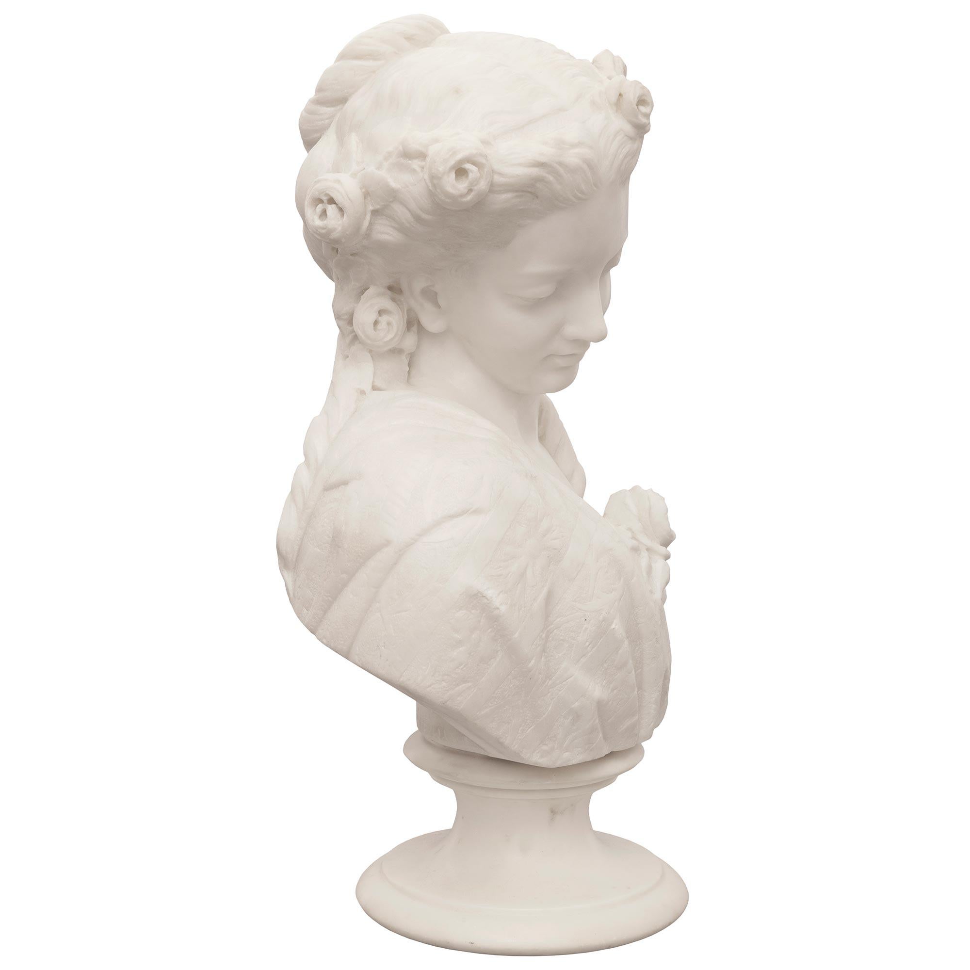 19th Century A Italian 19th century white Carrara marble bust signed Mencuri Firenze For Sale