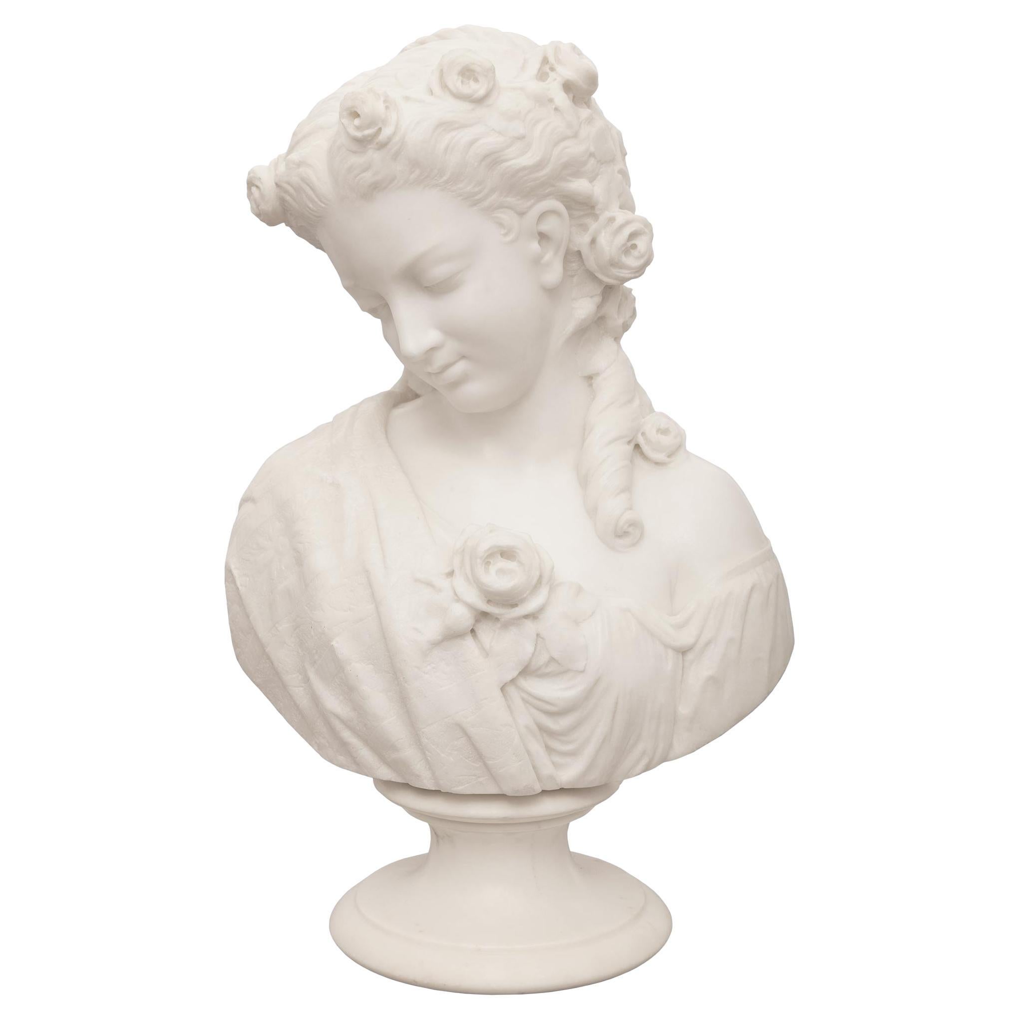 A Italian 19th century white Carrara marble bust signed Mencuri Firenze For Sale