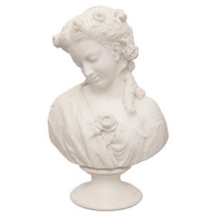 Buste italien en marbre blanc de Carrare du 19ème siècle signé Mencuri Firenze