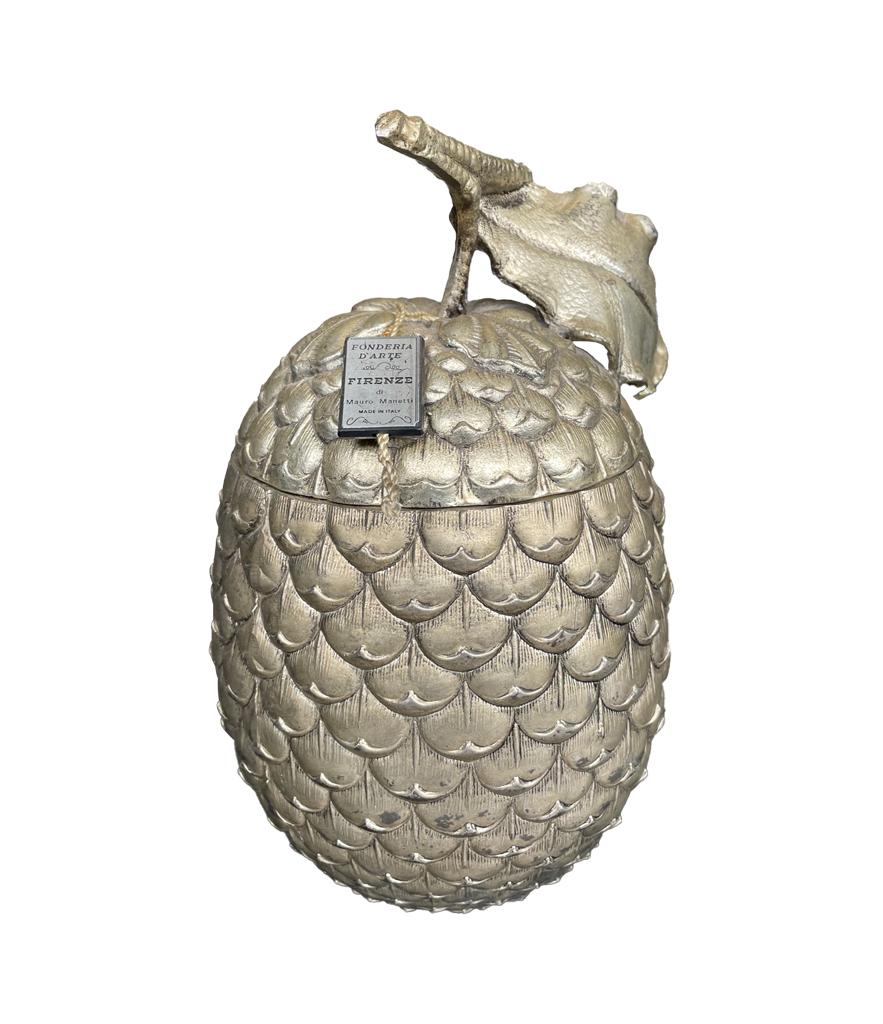 A Italian metal acorn ice bucket by Mauro Manetti with leaf handle and metal liner. Stamped underneath 
