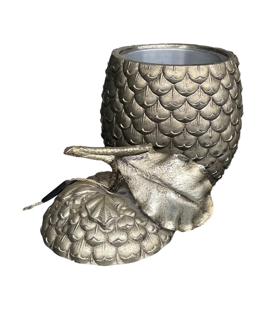 Late 20th Century Italian Metal Acorn Ice Bucket by Mauro Manetti with Leaf Handle