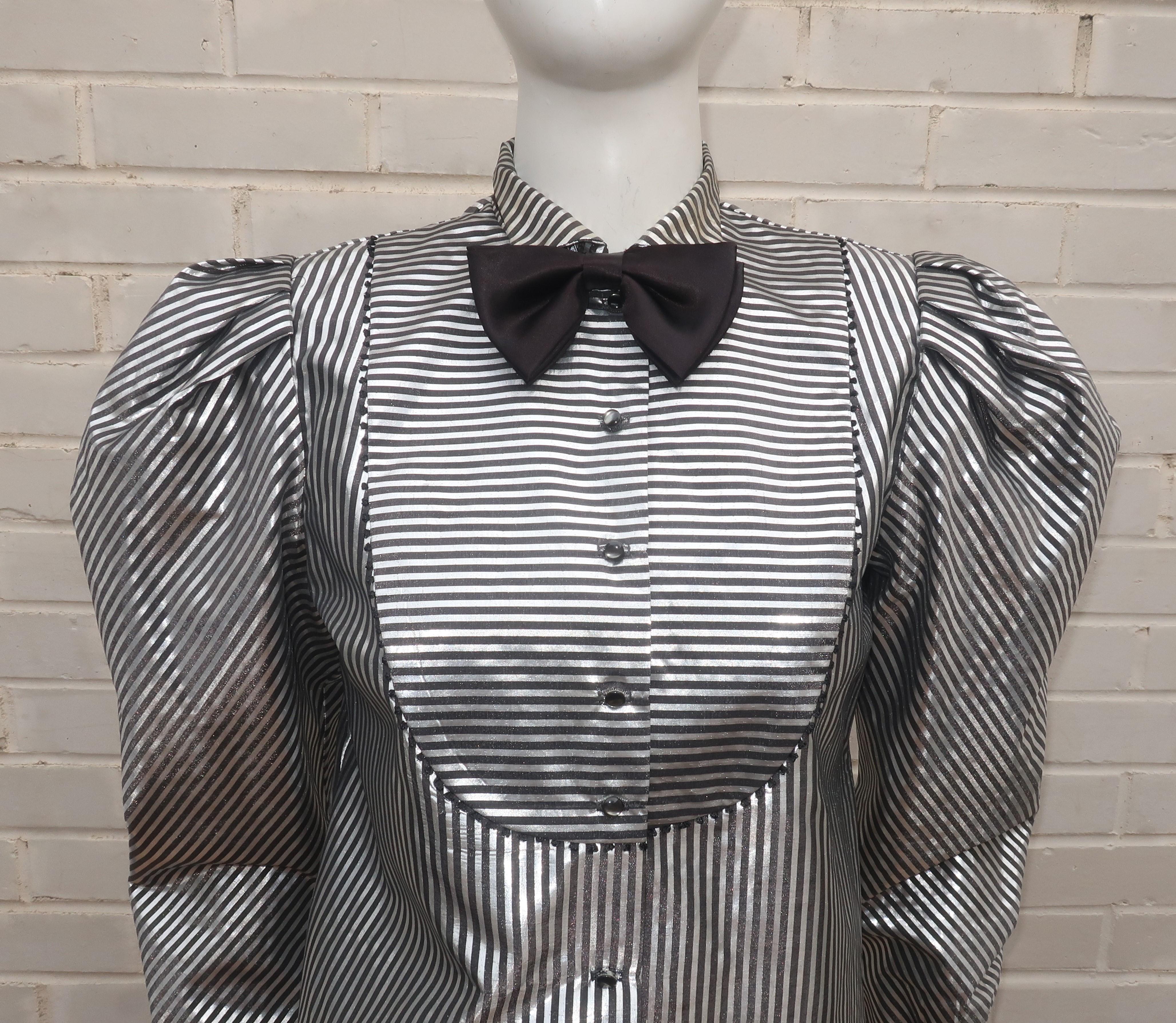 Gray A. J. Bari Black & Silver Lamé Metallic Tuxedo Style Top, 1980's For Sale
