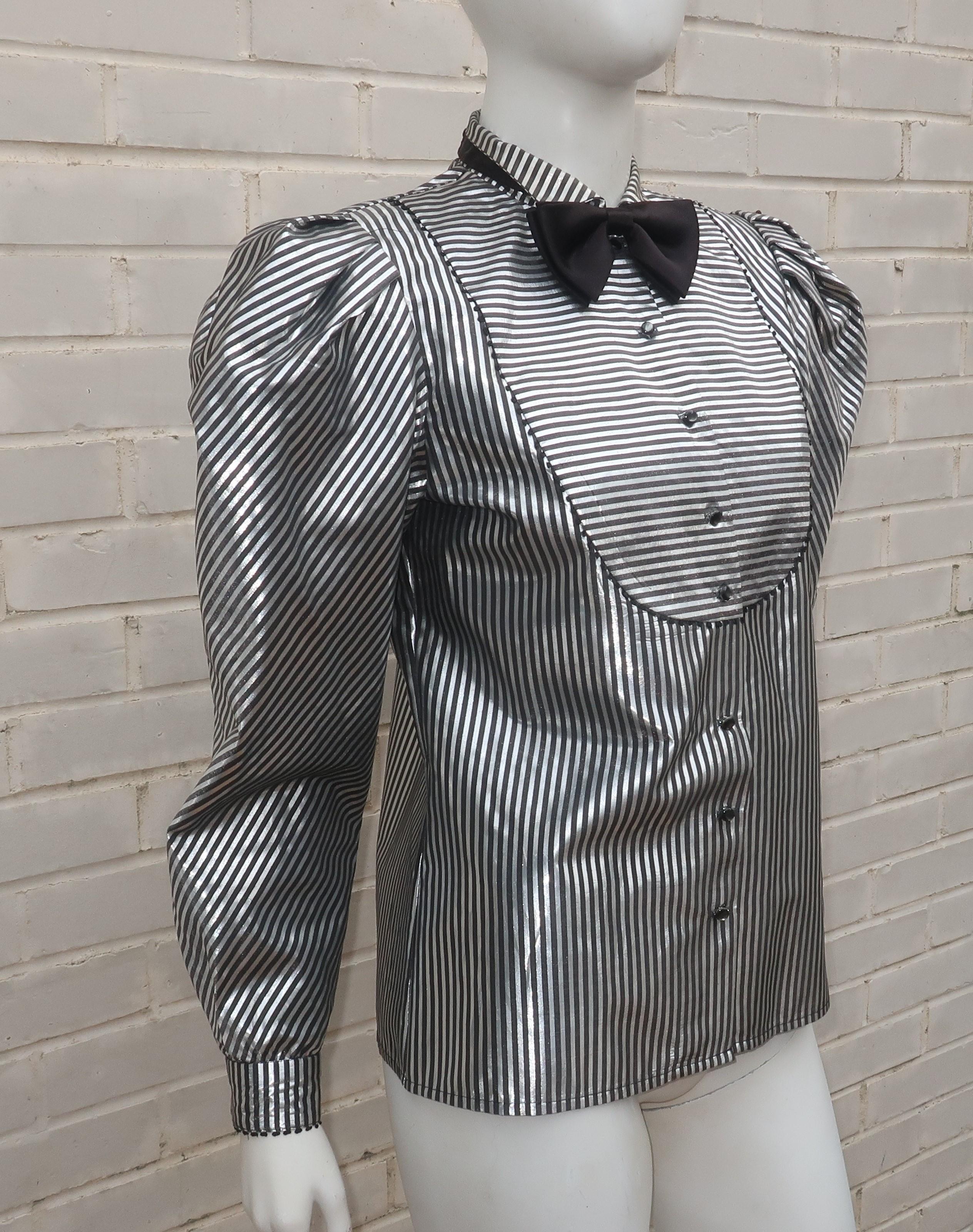 A. J. Bari Black & Silver Lamé Metallic Tuxedo Style Top, 1980's In Good Condition For Sale In Atlanta, GA