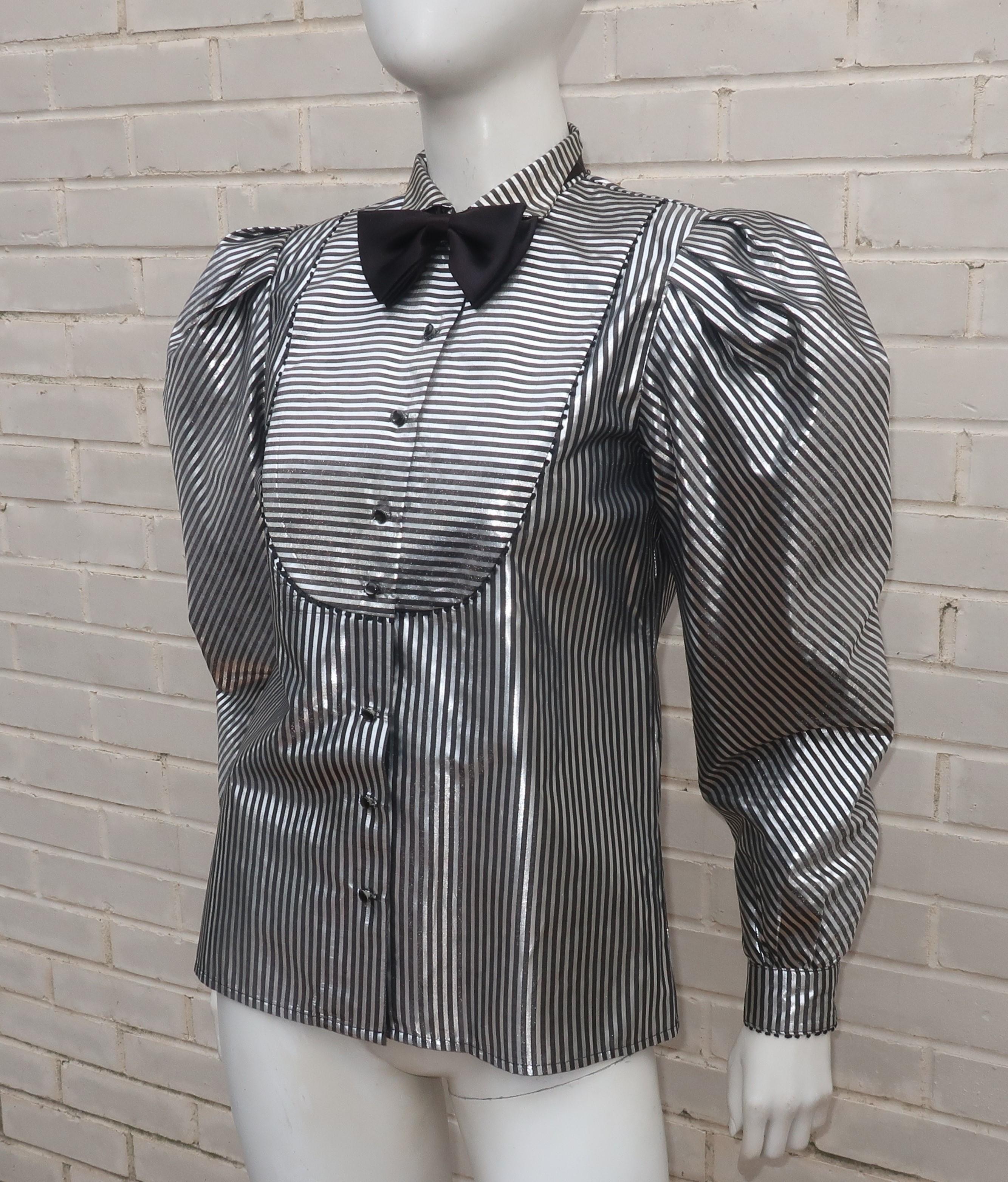 Women's A. J. Bari Black & Silver Lamé Metallic Tuxedo Style Top, 1980's For Sale