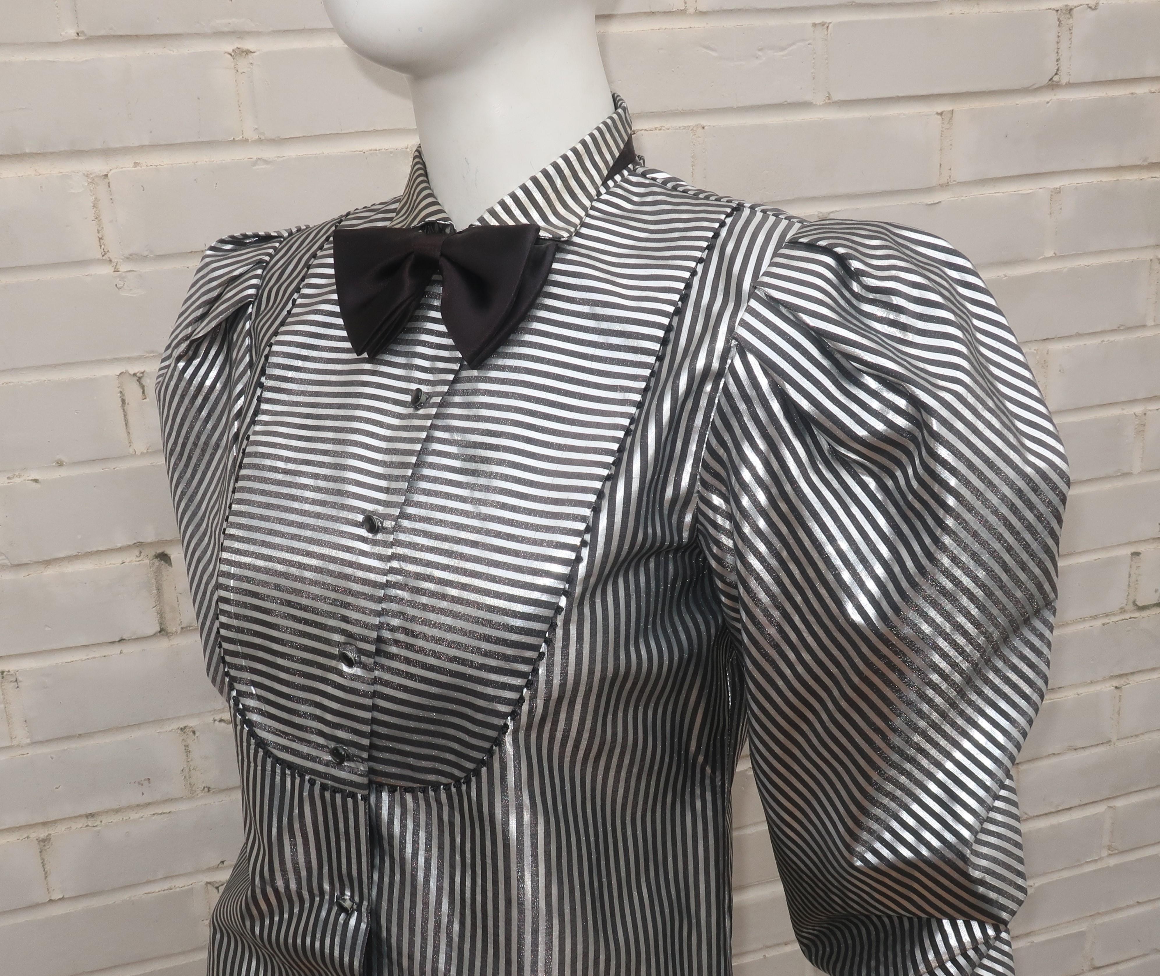 A. J. Bari Black & Silver Lamé Metallic Tuxedo Style Top, 1980's For Sale 1
