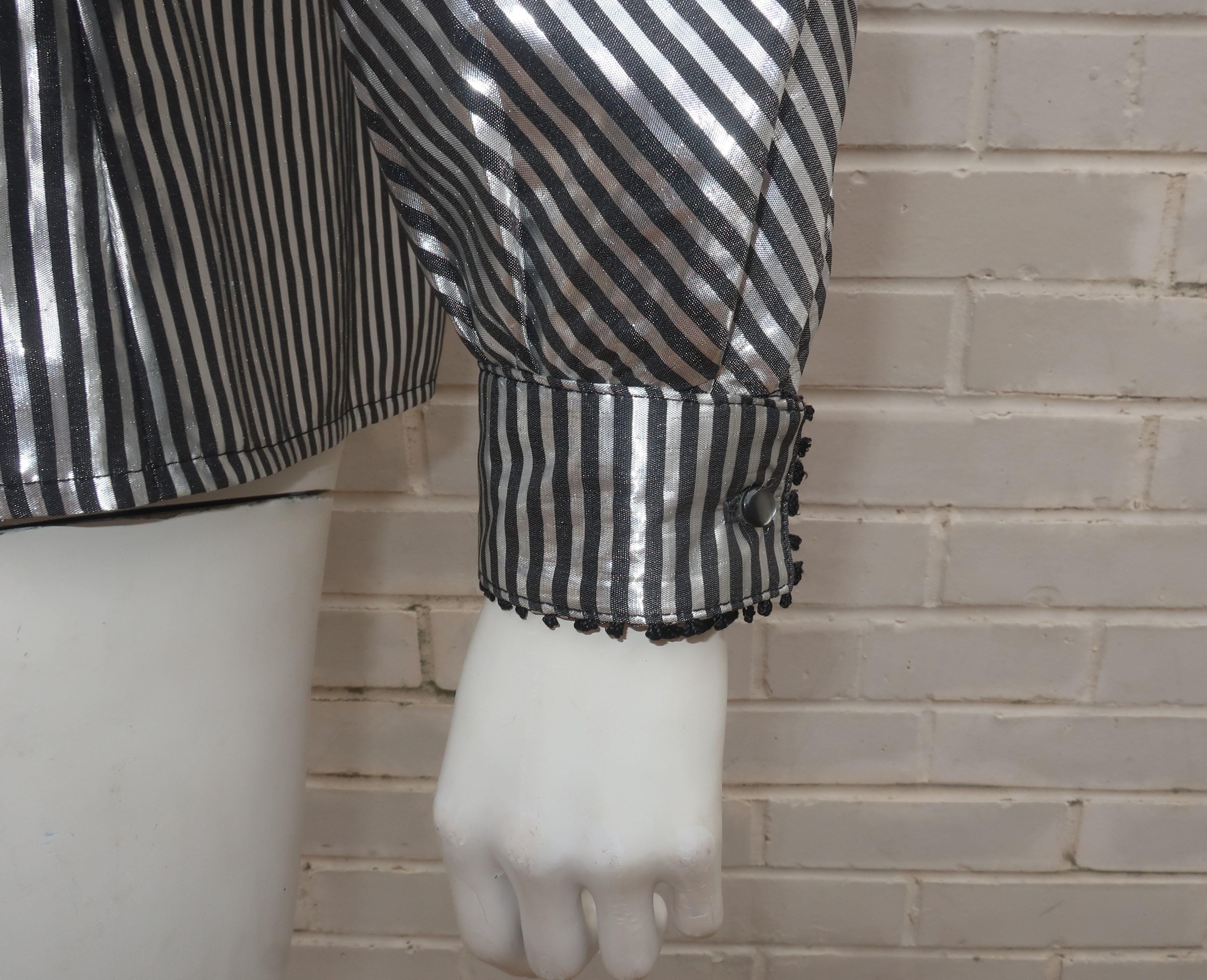 A. J. Bari Black & Silver Lamé Metallic Tuxedo Style Top, 1980's For Sale 2