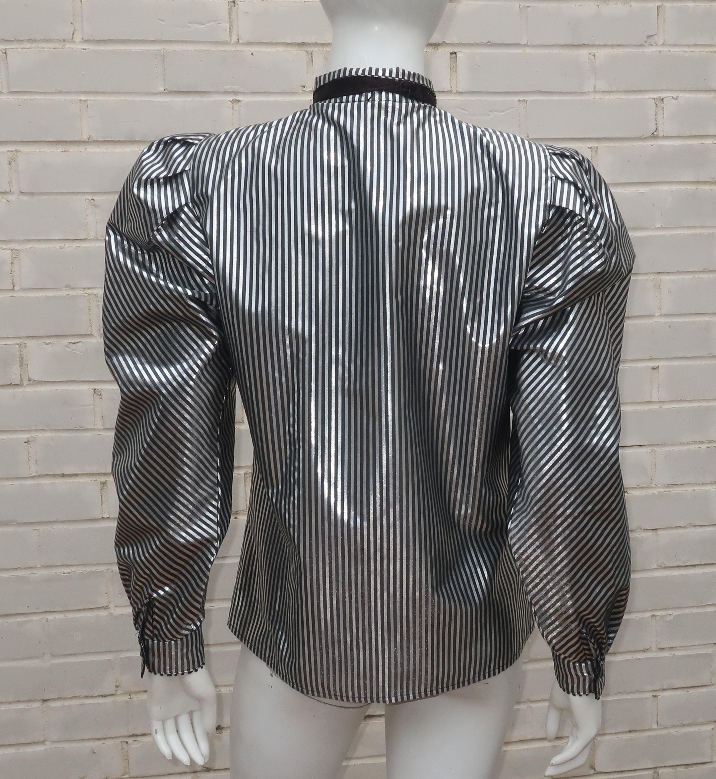 A. J. Bari Black & Silver Lamé Metallic Tuxedo Style Top, 1980's For Sale 3