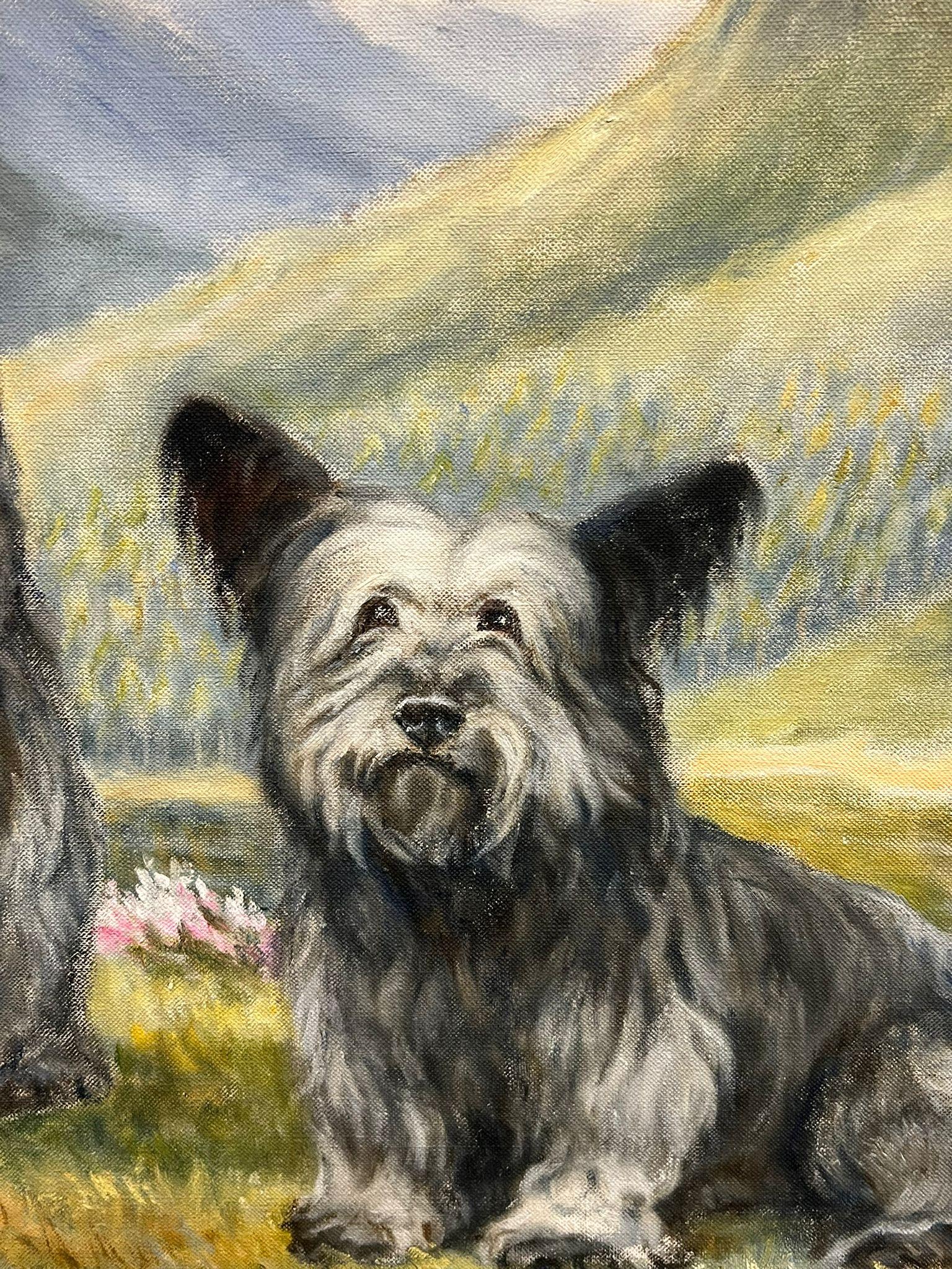Dos Cairn Highland Terriers Perros en las Tierras Altas de Escocia Paisaje pintura firmada en venta 6