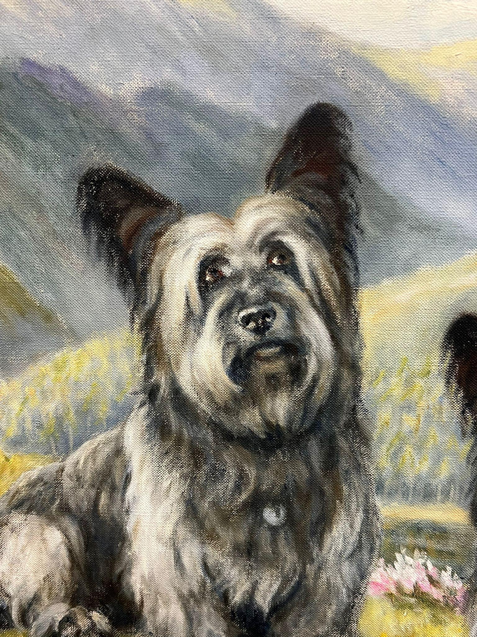 Dos Cairn Highland Terriers Perros en las Tierras Altas de Escocia Paisaje pintura firmada en venta 7