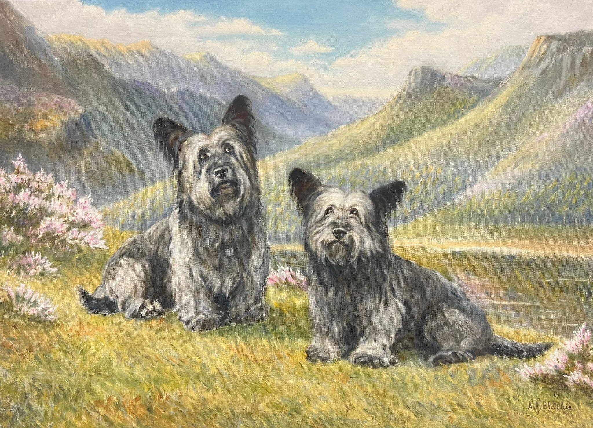 Dos Cairn Highland Terriers Perros en las Tierras Altas de Escocia Paisaje pintura firmada - Painting de A. J. Blackie
