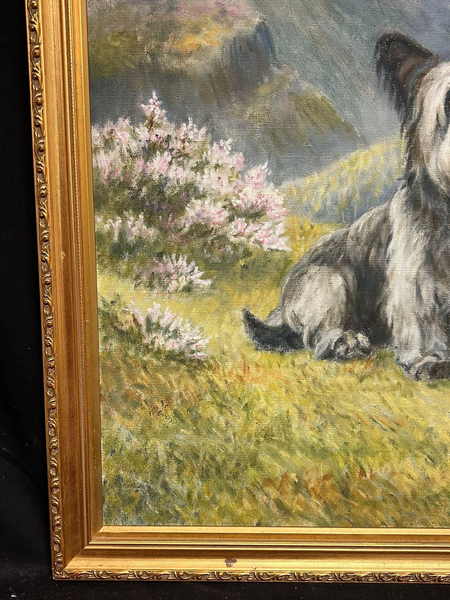 Dos Cairn Highland Terriers Perros en las Tierras Altas de Escocia Paisaje pintura firmada - Painting Victoriano de A. J. Blackie