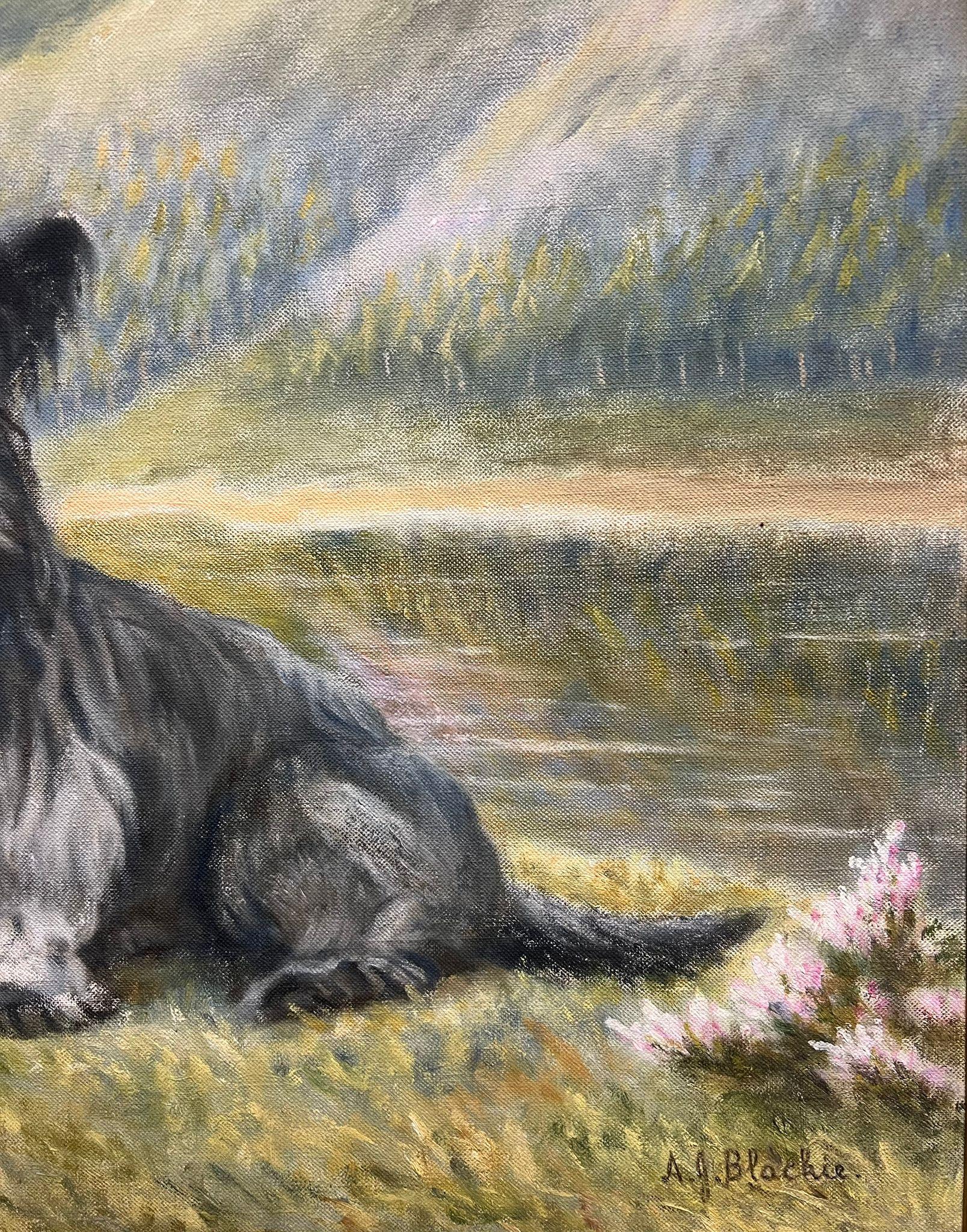 Dos Cairn Highland Terriers Perros en las Tierras Altas de Escocia Paisaje pintura firmada en venta 3