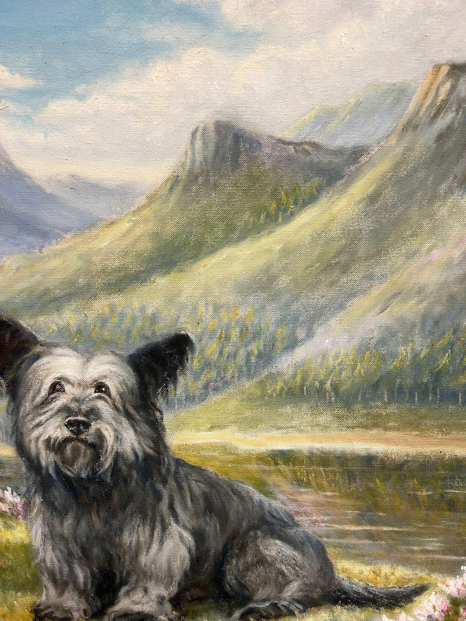 Dos Cairn Highland Terriers Perros en las Tierras Altas de Escocia Paisaje pintura firmada en venta 4